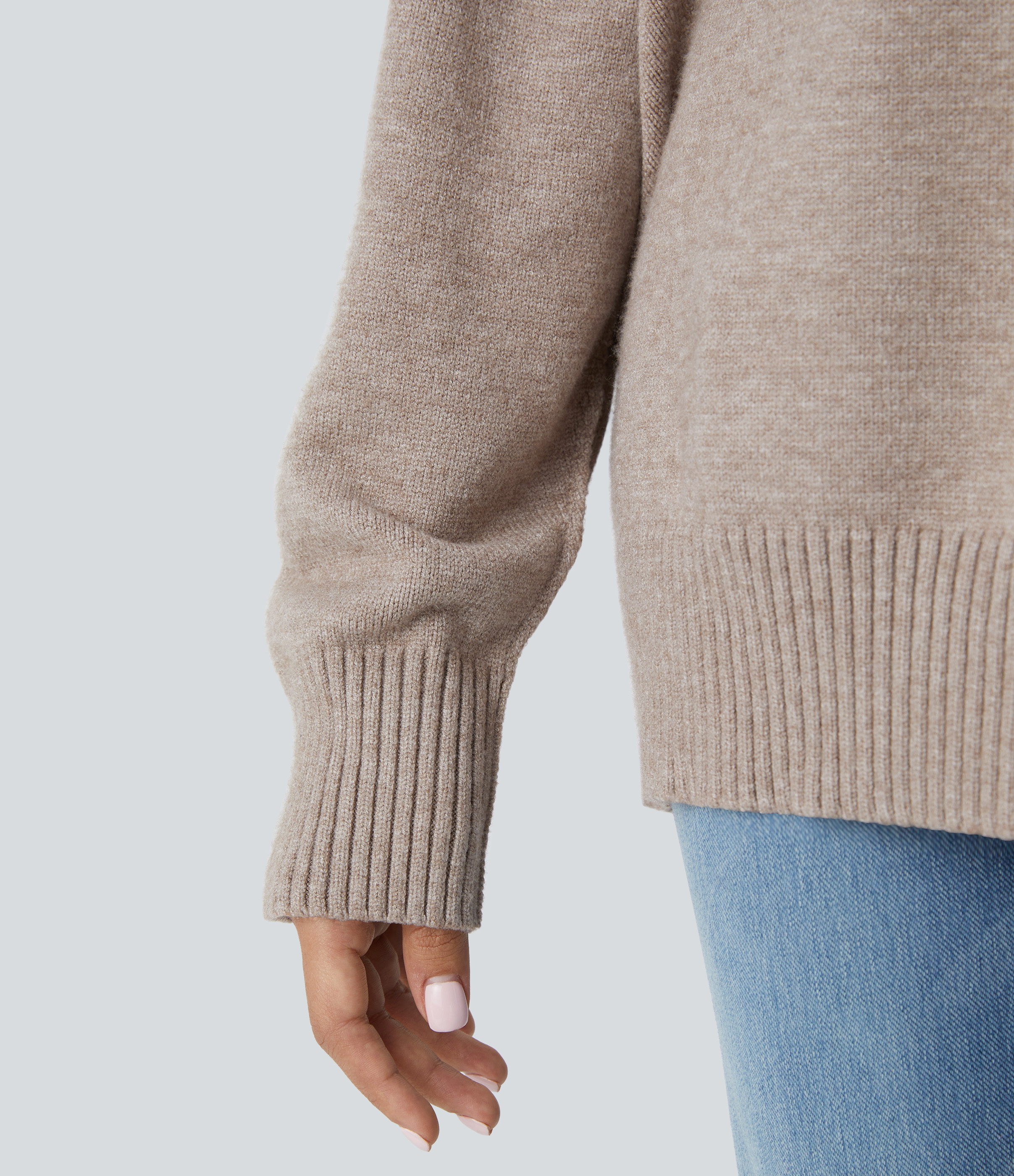 Halara Round Neck Dropped Shoulder Long Sleeve Casual Sweater  - Doeskin - M 