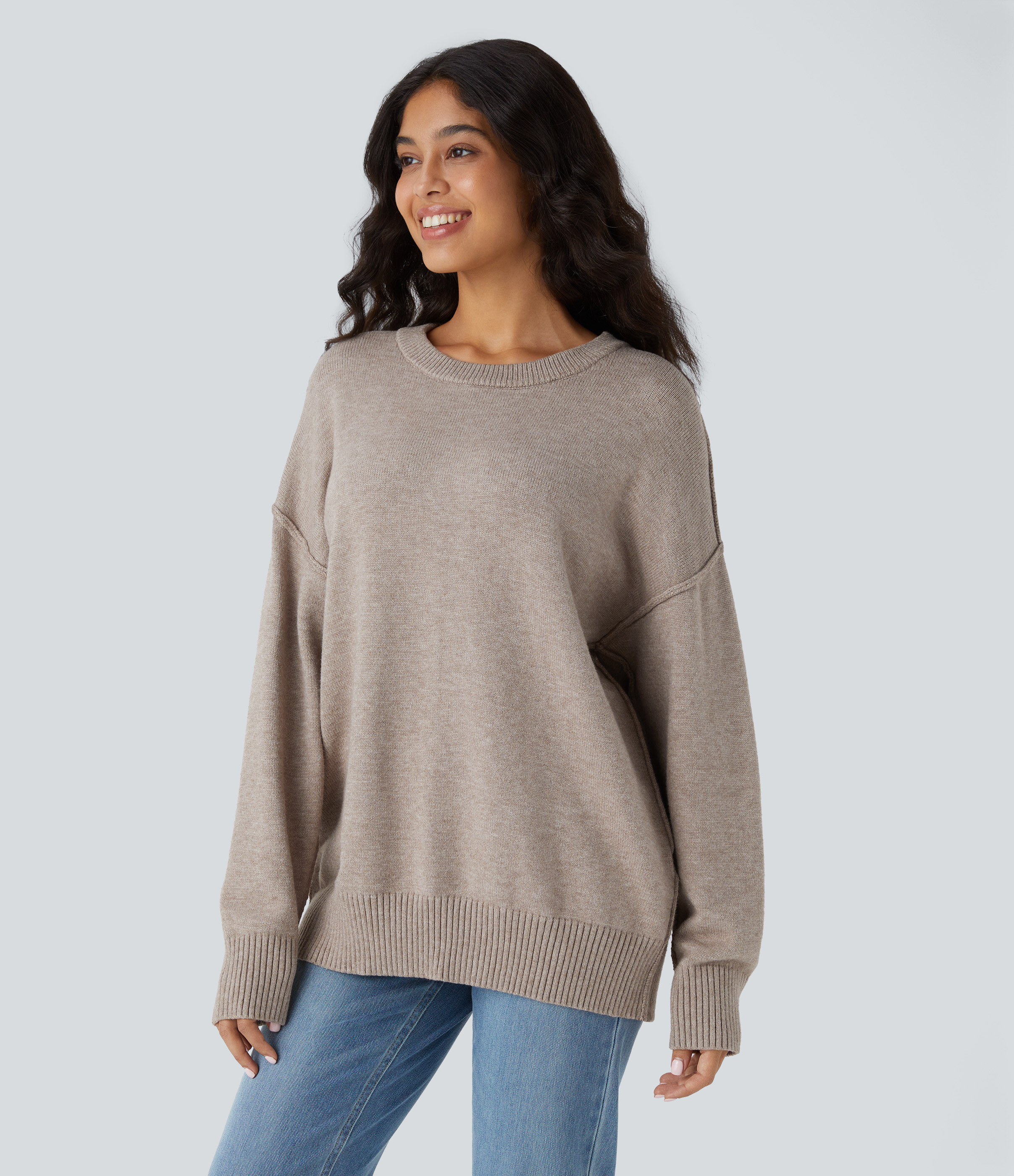 Halara Round Neck Dropped Shoulder Long Sleeve Casual Sweater  - Doeskin - M 