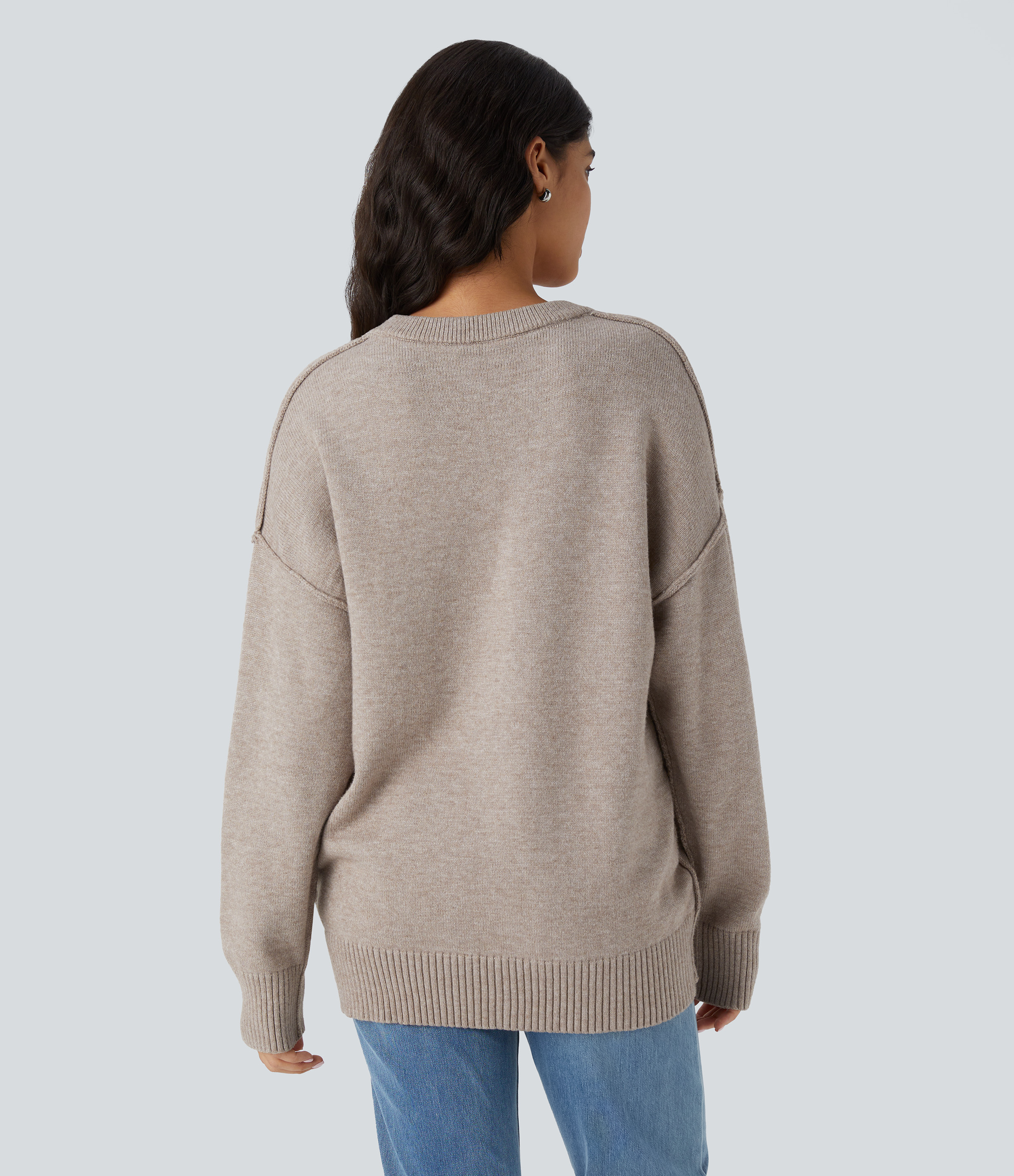 Halara Round Neck Dropped Shoulder Long Sleeve Casual Sweater  - Doeskin - M 