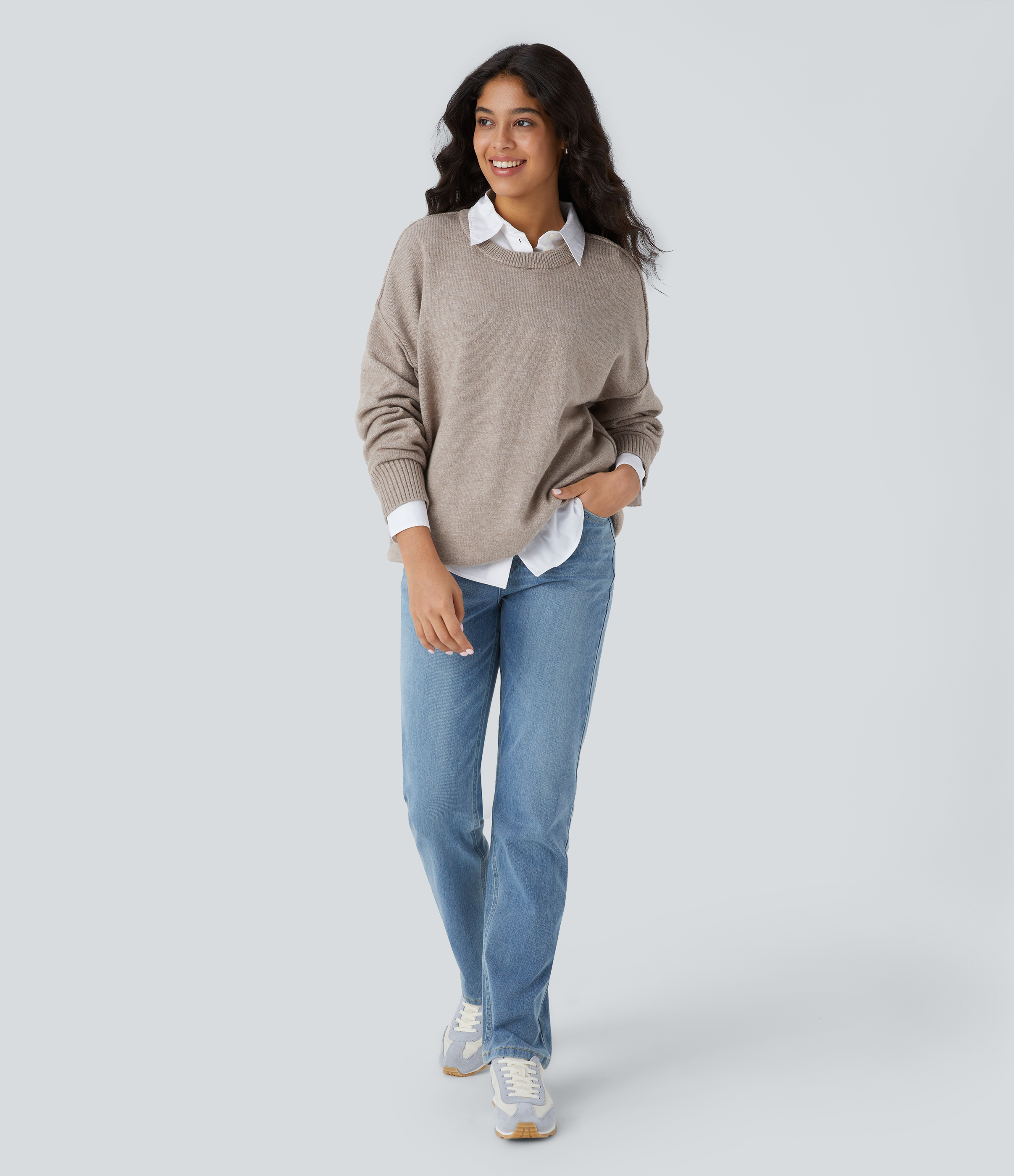 Halara Round Neck Dropped Shoulder Long Sleeve Casual Sweater  - Doeskin - M 