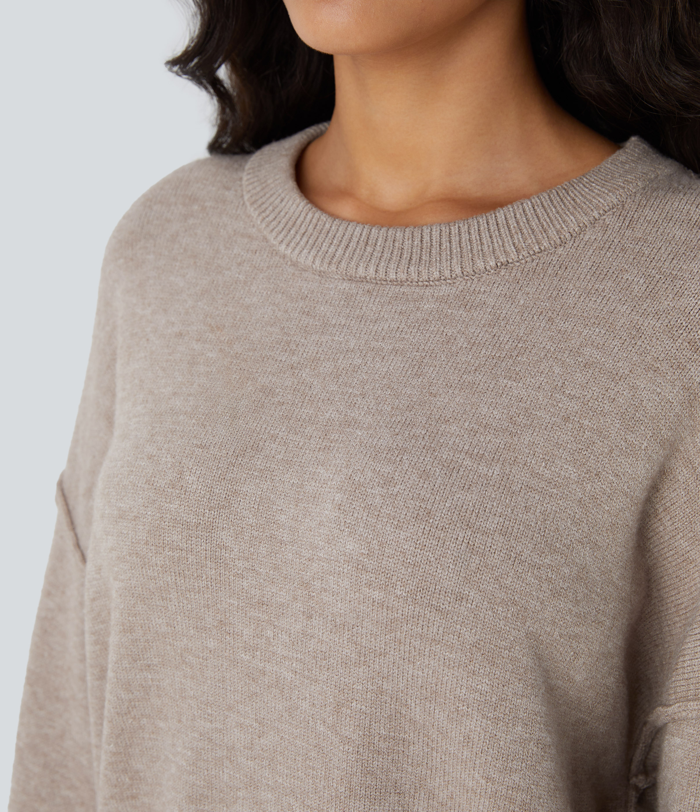 Halara Round Neck Dropped Shoulder Long Sleeve Casual Sweater  - Doeskin - M 
