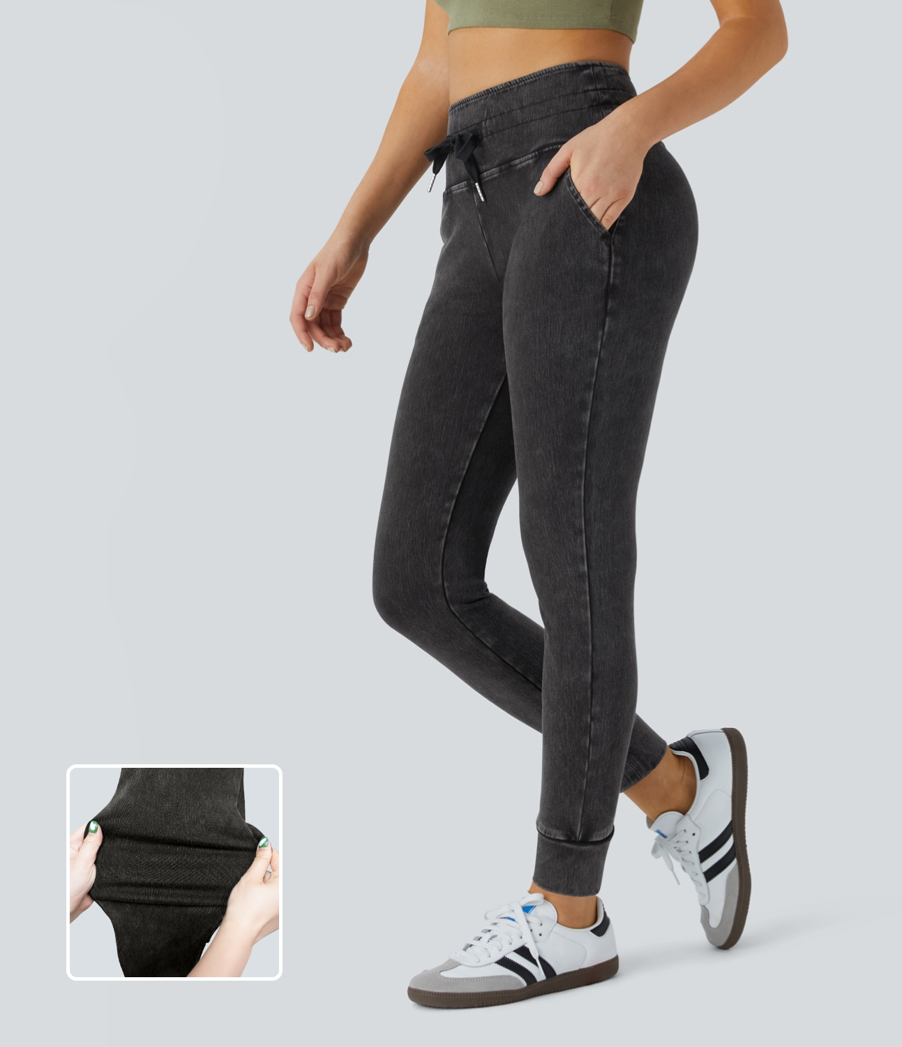 Halara HalaraMagicв„ў High Waisted Drawstring Side Pocket Washed Stretchy Knit Denim Casual Joggers  - Washed Denim Black - XS 