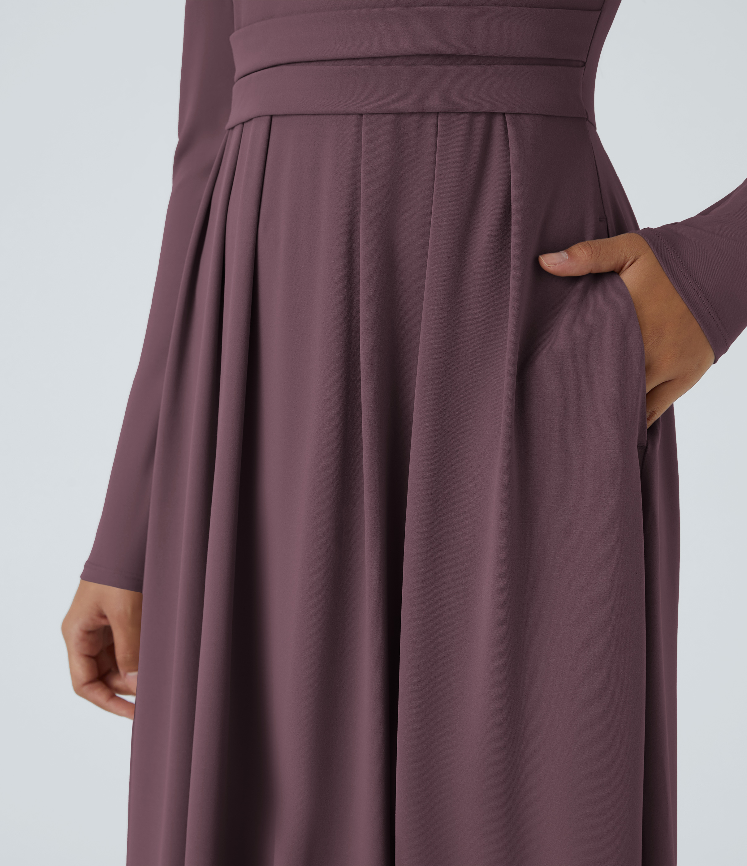 Halara Stand Collar Long Sleeve Side Pocket Flare Maxi Casual Dress Casual Dress - Plum Wine - L slip dress beach dress ruched dress 