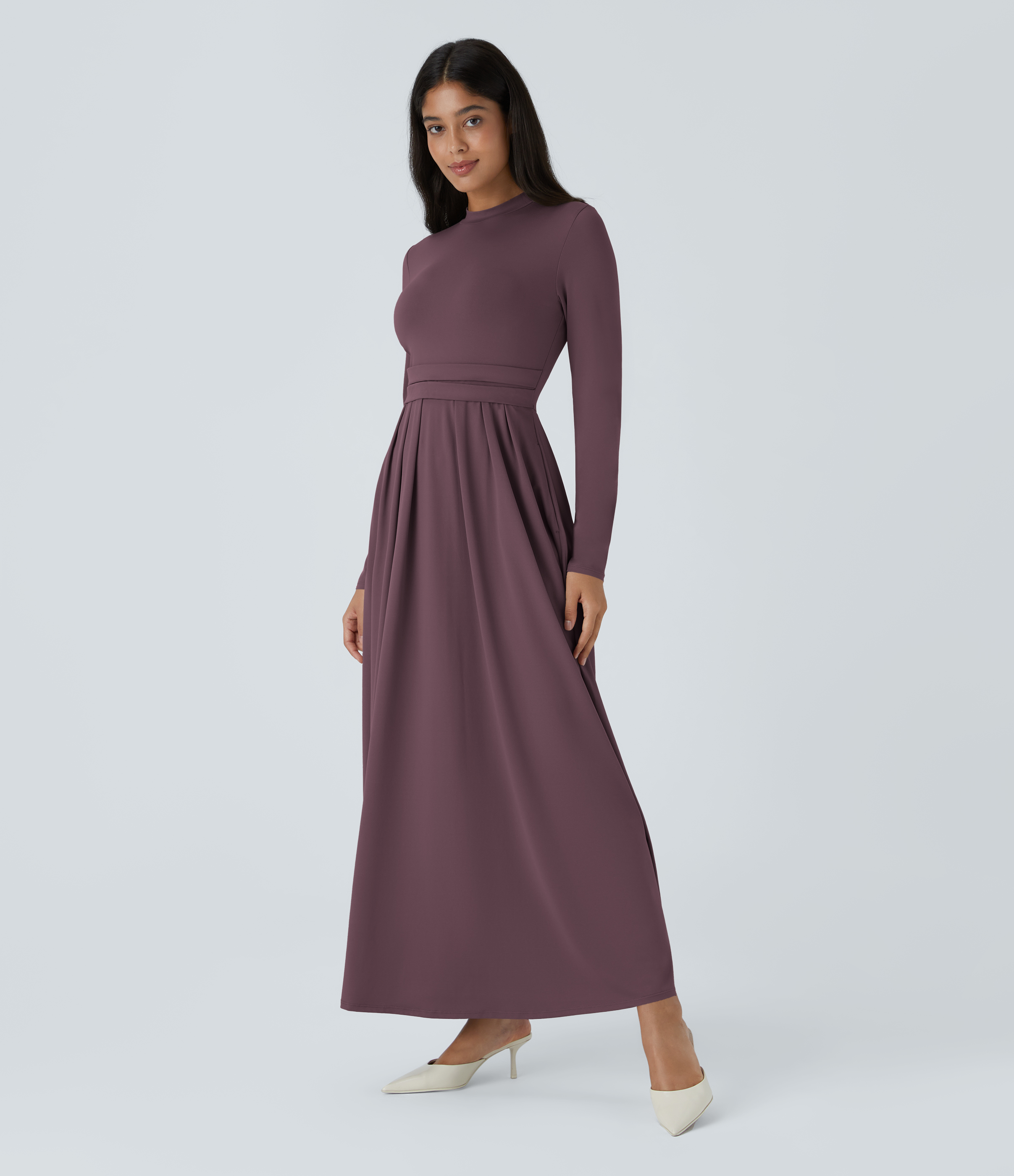 Halara Stand Collar Long Sleeve Side Pocket Flare Maxi Casual Dress Casual Dress - Plum Wine - L slip dress beach dress ruched dress 