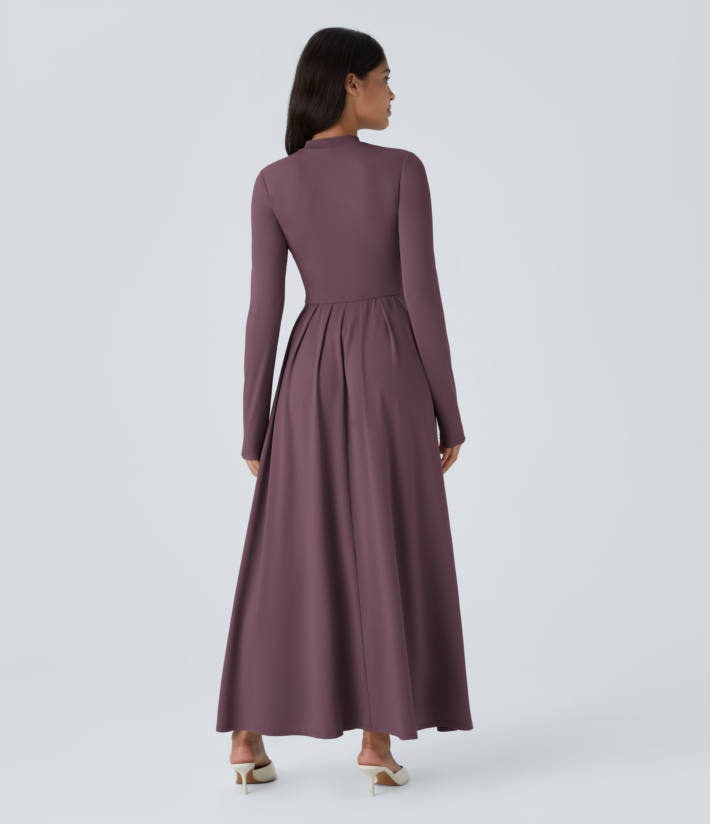 Halara Stand Collar Long Sleeve Side Pocket Flare Maxi Casual Dress Casual Dress - Plum Wine - L slip dress beach dress ruched dress 