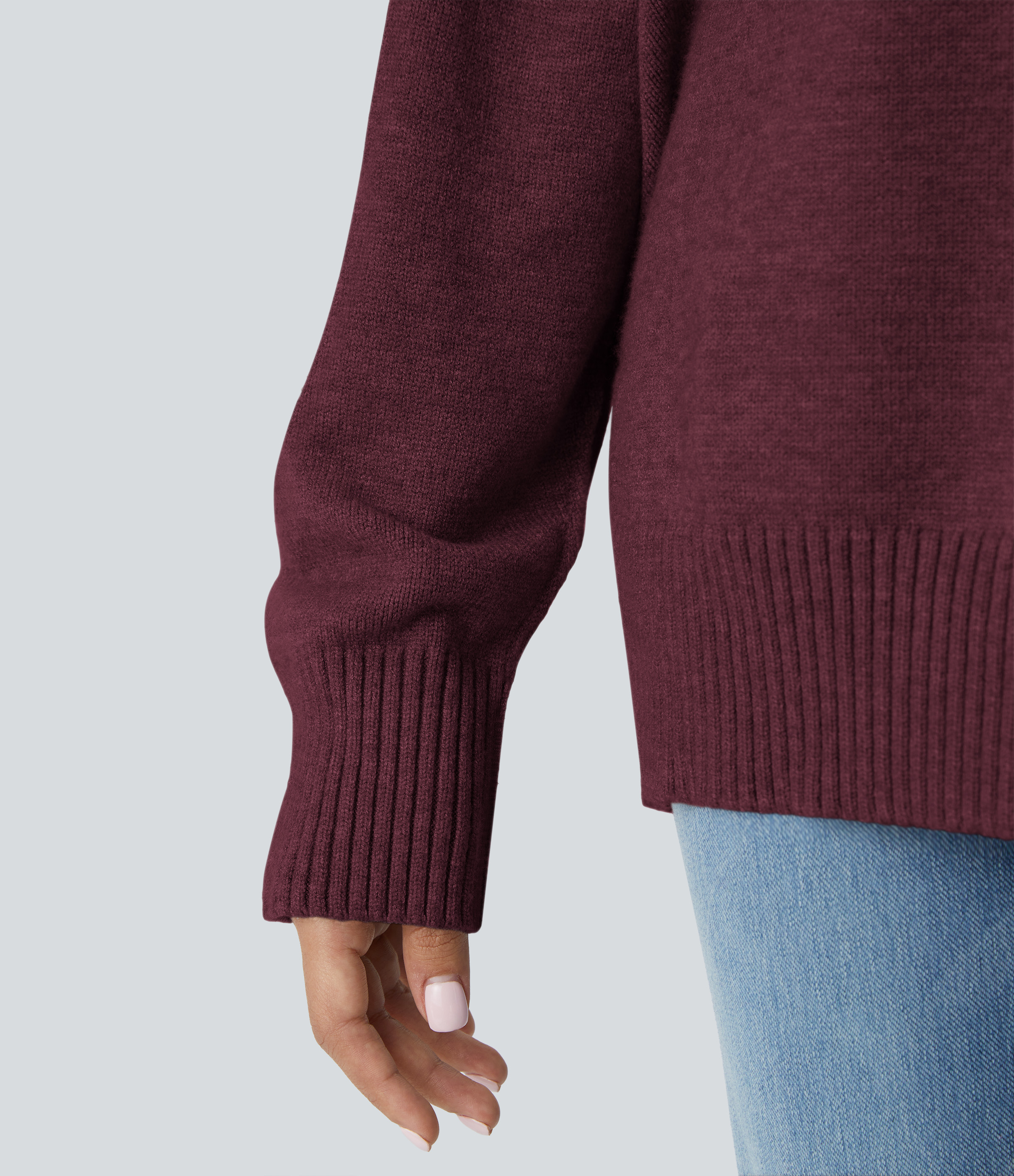 Halara Round Neck Dropped Shoulder Long Sleeve Casual Sweater  - Red Violet - S 
