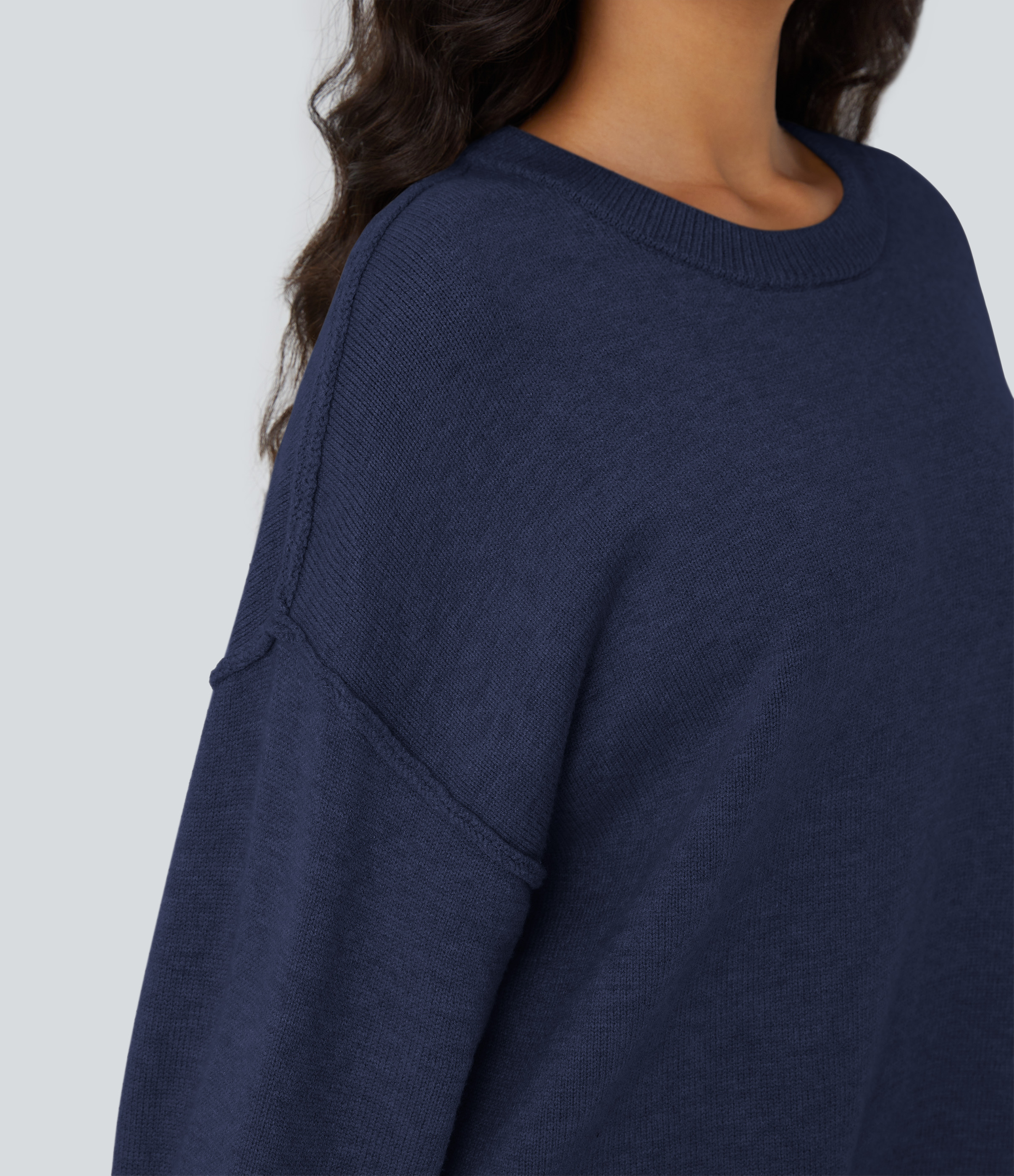 Halara Round Neck Dropped Shoulder Long Sleeve Casual Sweater  - Dark Blue - XS 