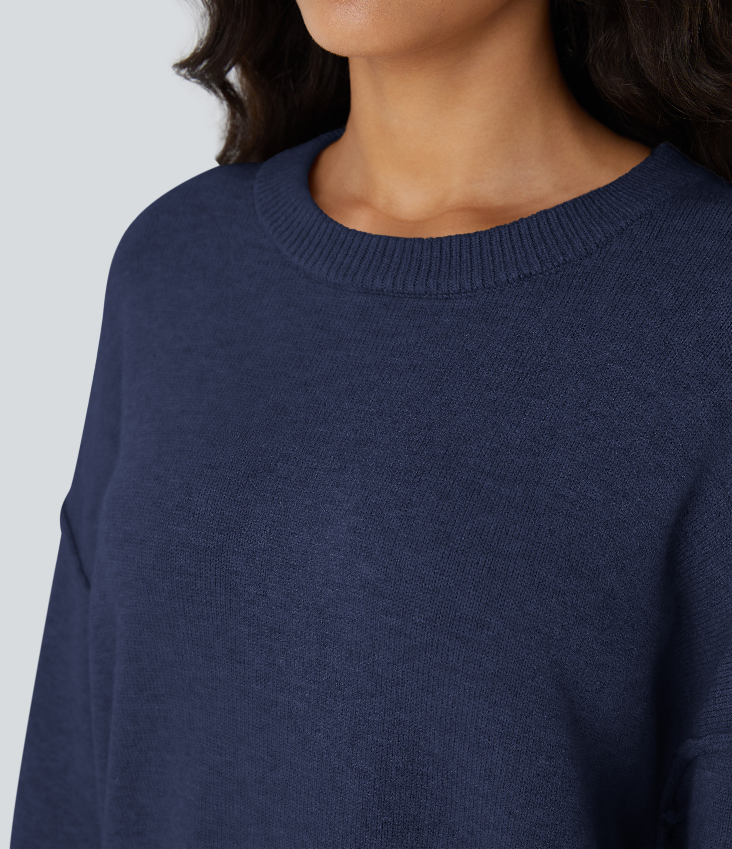 Halara Round Neck Dropped Shoulder Long Sleeve Casual Sweater  - Dark Blue - XS 