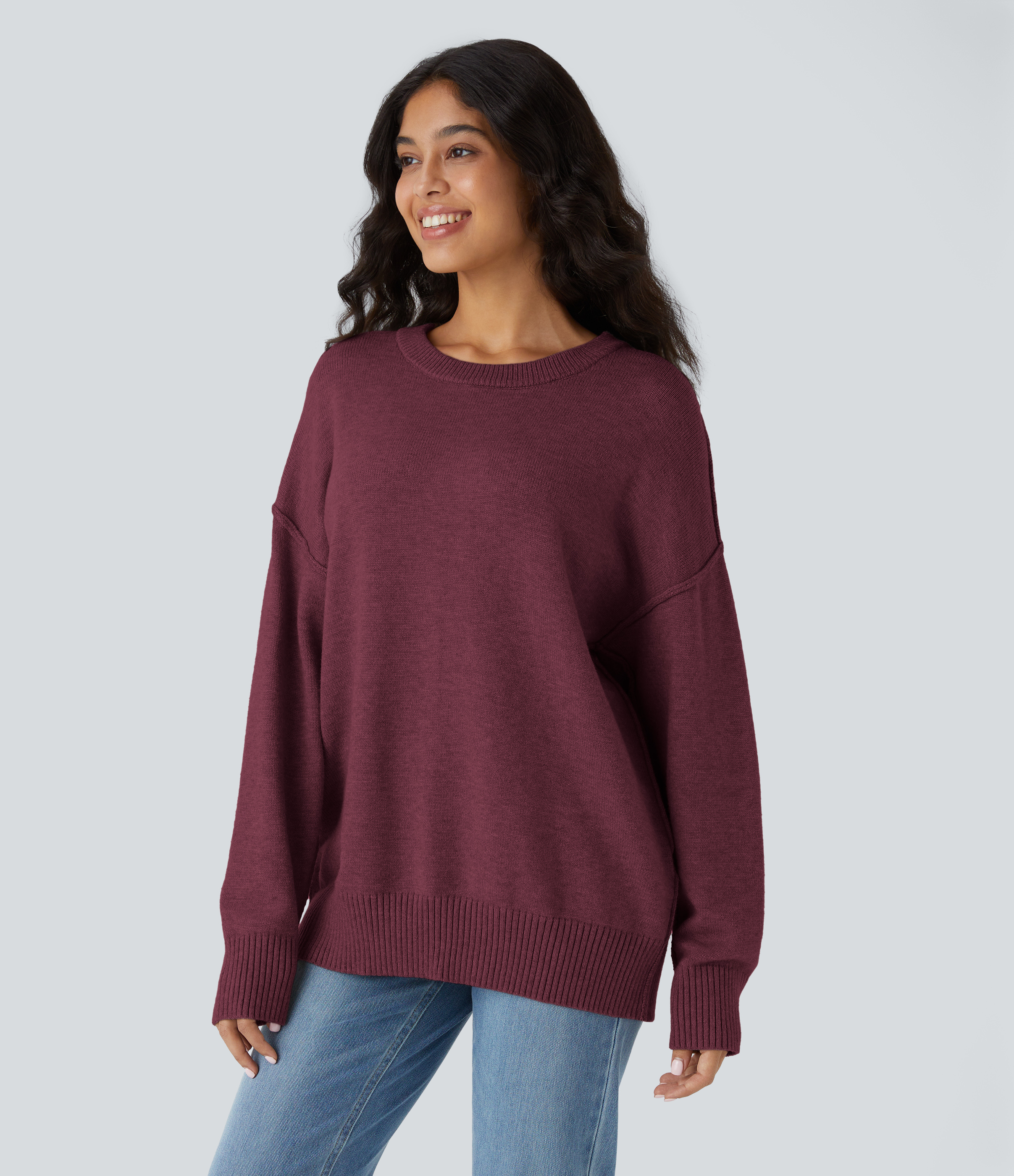 Halara Round Neck Dropped Shoulder Long Sleeve Casual Sweater  - Red Violet - S 