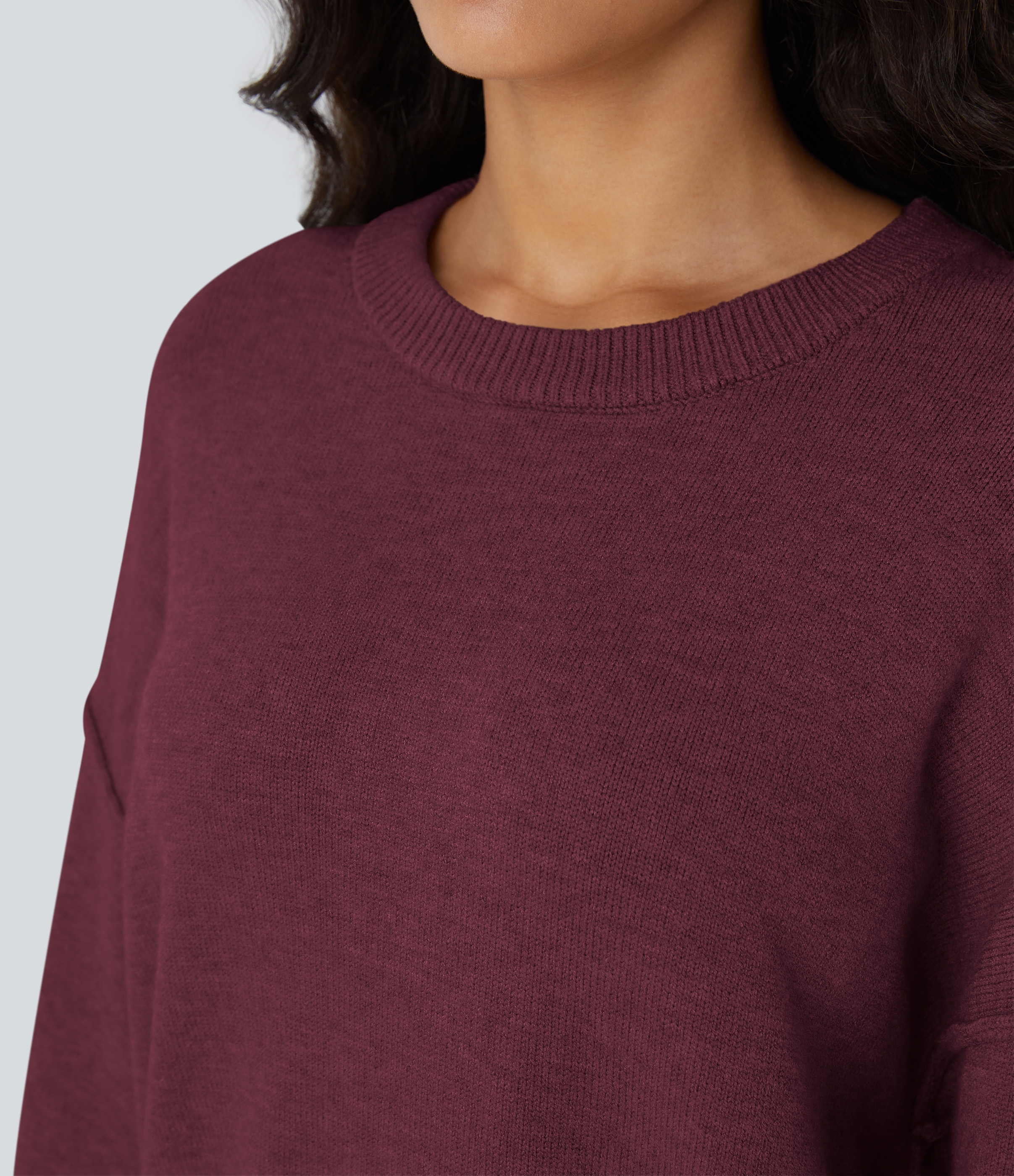 Halara Round Neck Dropped Shoulder Long Sleeve Casual Sweater  - Red Violet - S 