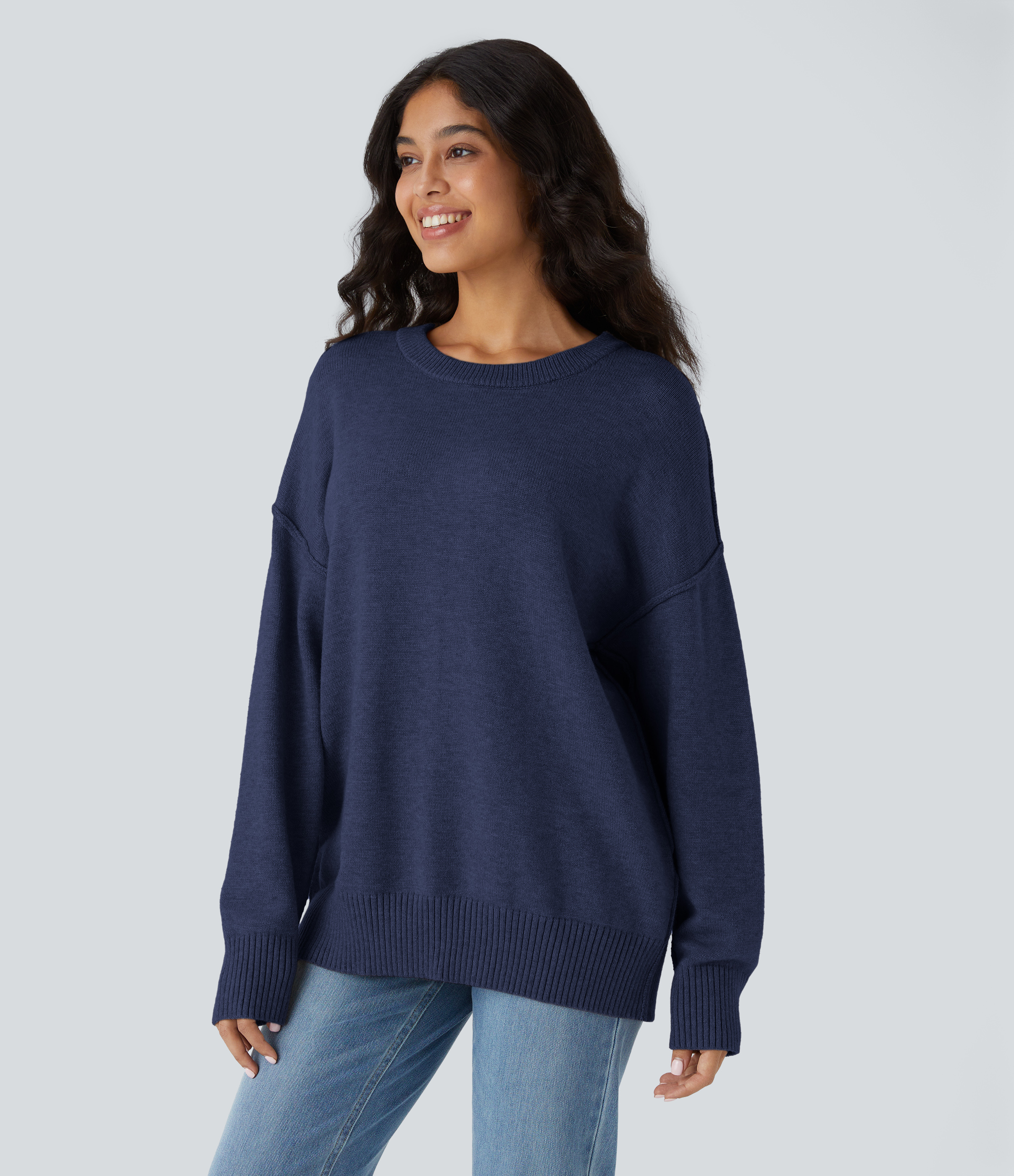 Halara Round Neck Dropped Shoulder Long Sleeve Casual Sweater  - Dark Blue - XS 