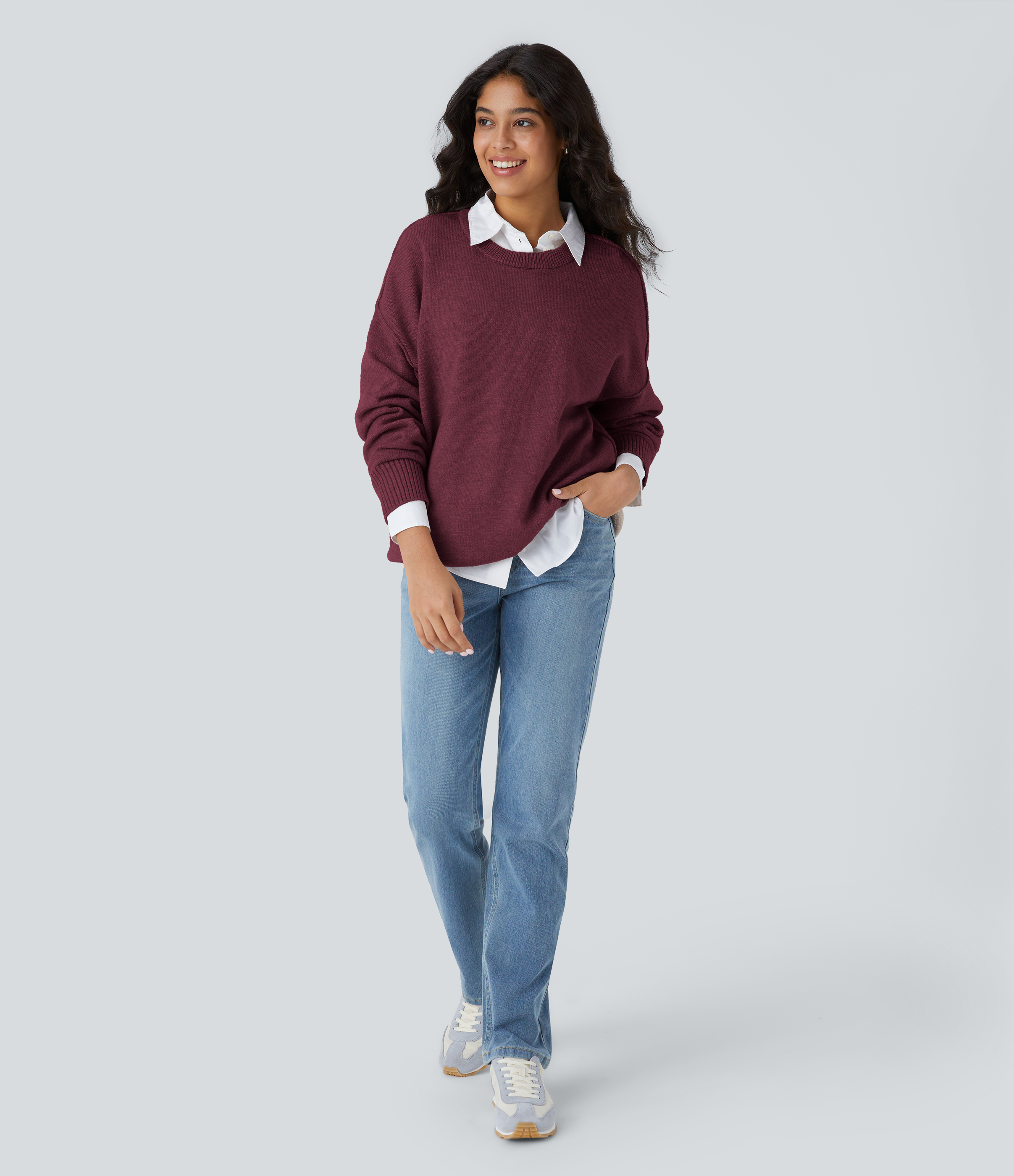 Halara Round Neck Dropped Shoulder Long Sleeve Casual Sweater  - Red Violet - S 