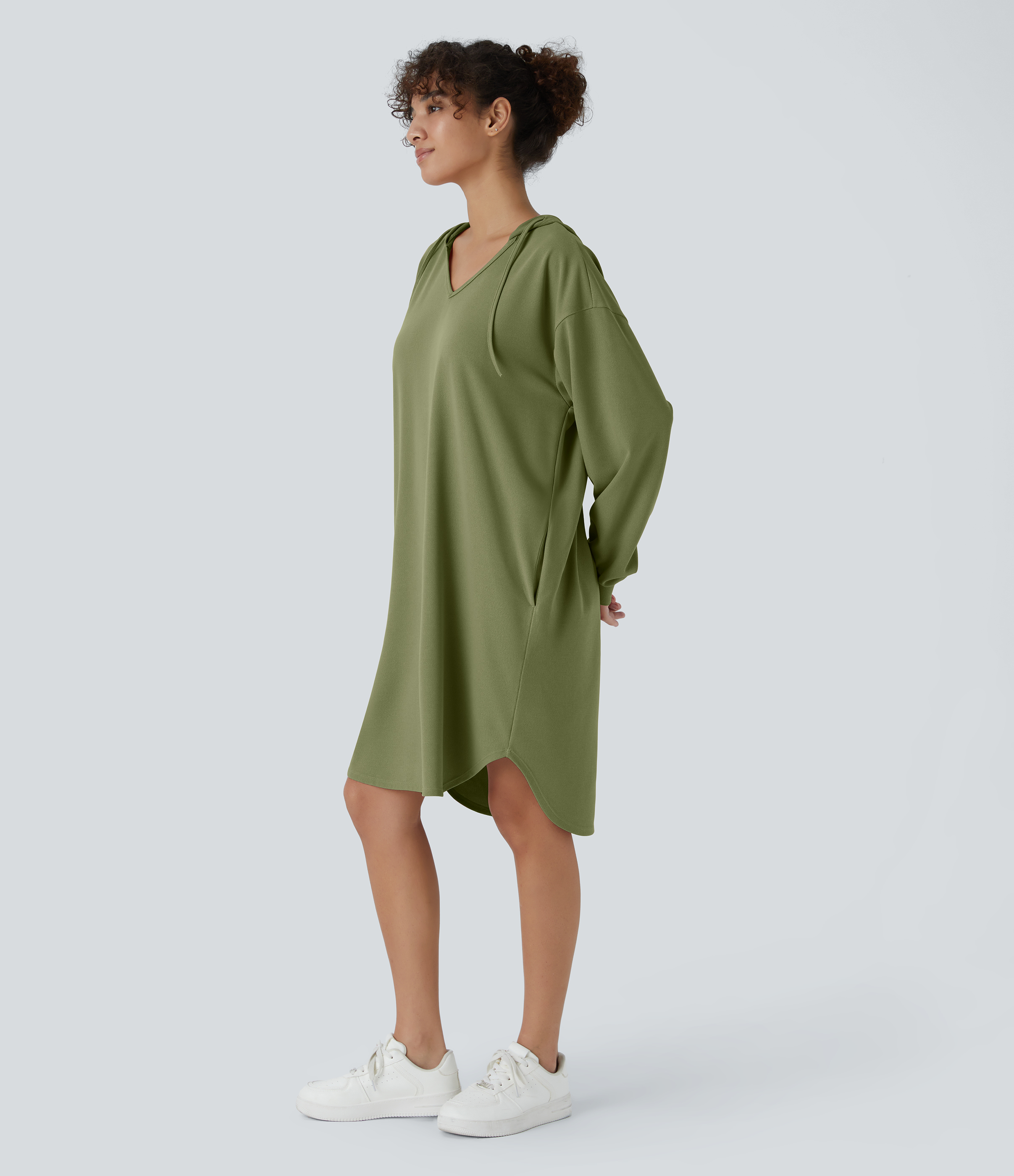 Halara Drawstring Hooded Long Sleeve Side Pocket High Low Curved Hem Oversize Mini Waffle Casual Sweatshirt Dress Casual Dress - Loden Green - S 