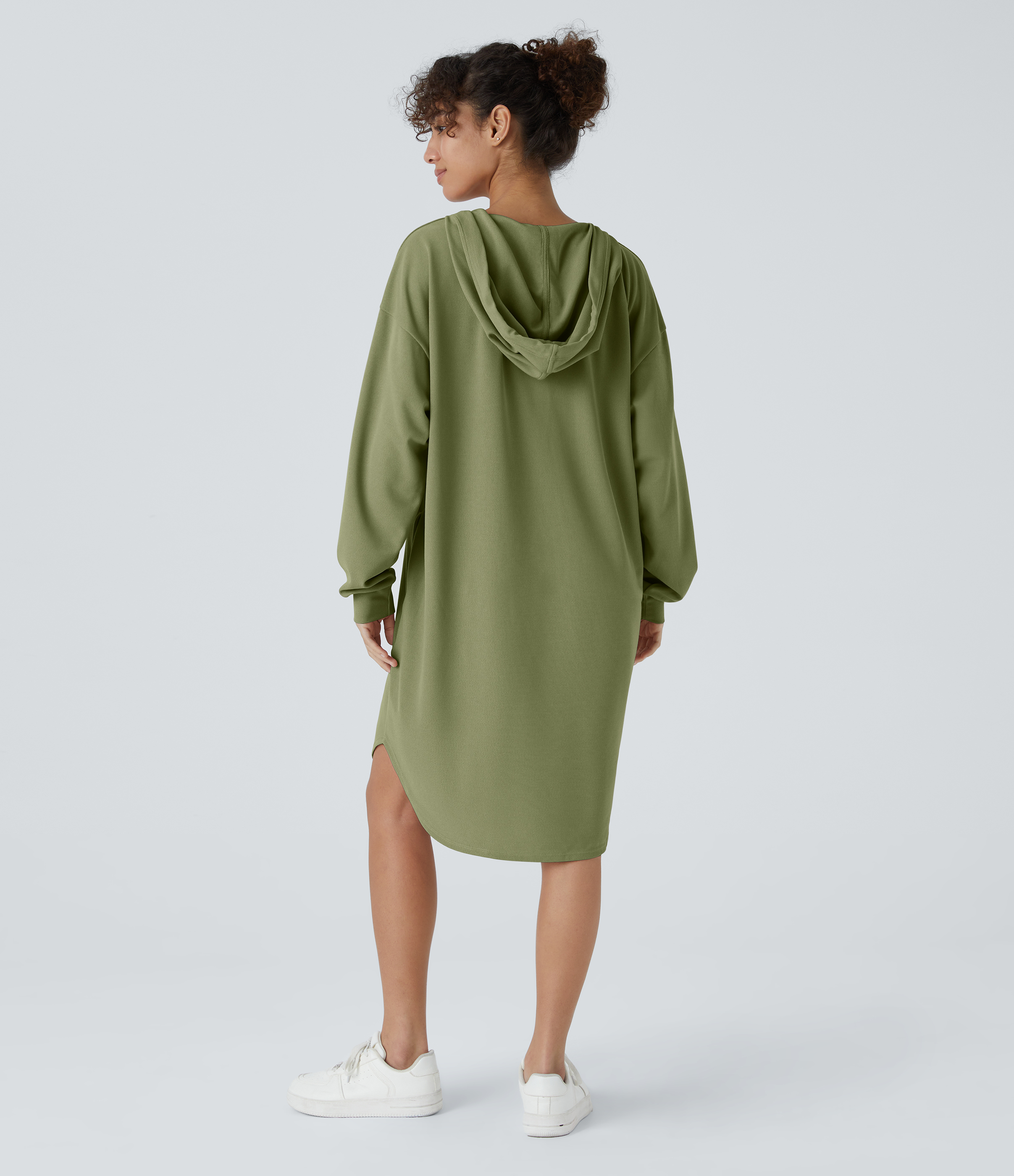 Halara Drawstring Hooded Long Sleeve Side Pocket High Low Curved Hem Oversize Mini Waffle Casual Sweatshirt Dress Casual Dress - Loden Green - S 