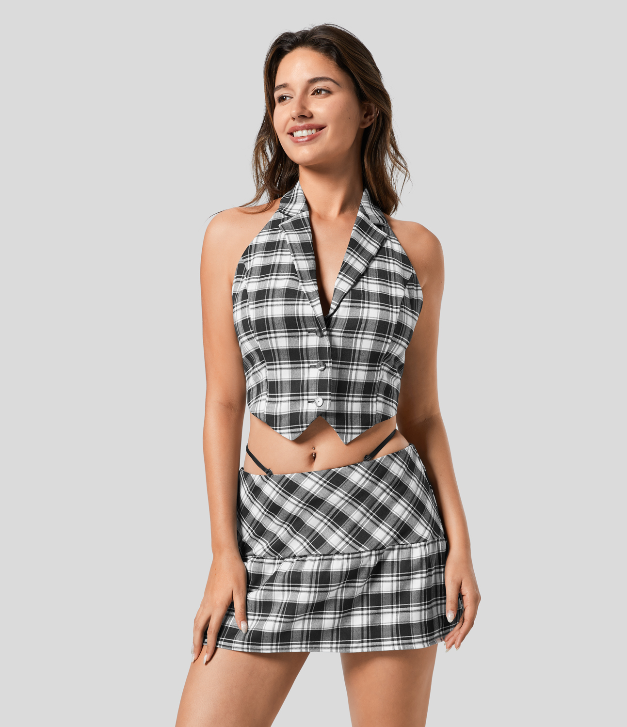 Halara Halter Neck Notched Button Backless Plaid Cropped Casual Tank Top Tank Top - Black White Square - M golf tops halter top tunic tops 