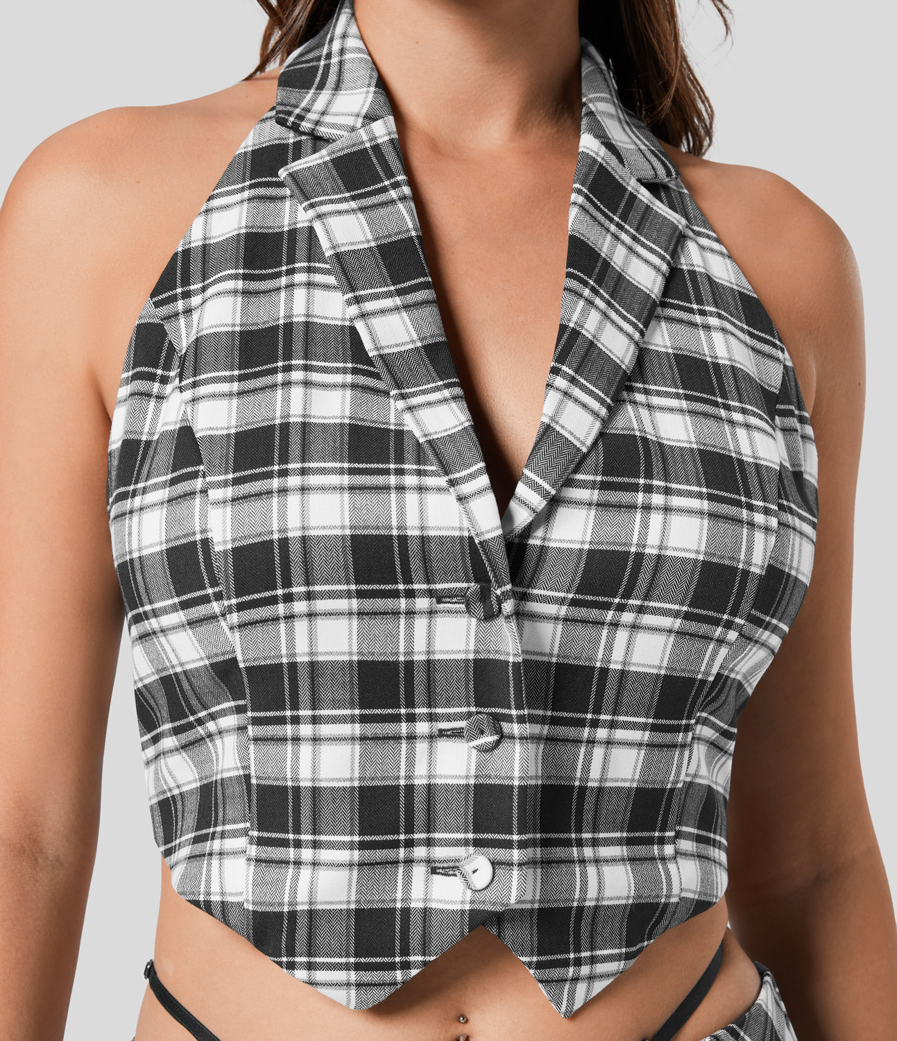 Halara Halter Neck Notched Button Backless Plaid Cropped Casual Tank Top Tank Top - Black White Square - M golf tops halter top tunic tops 