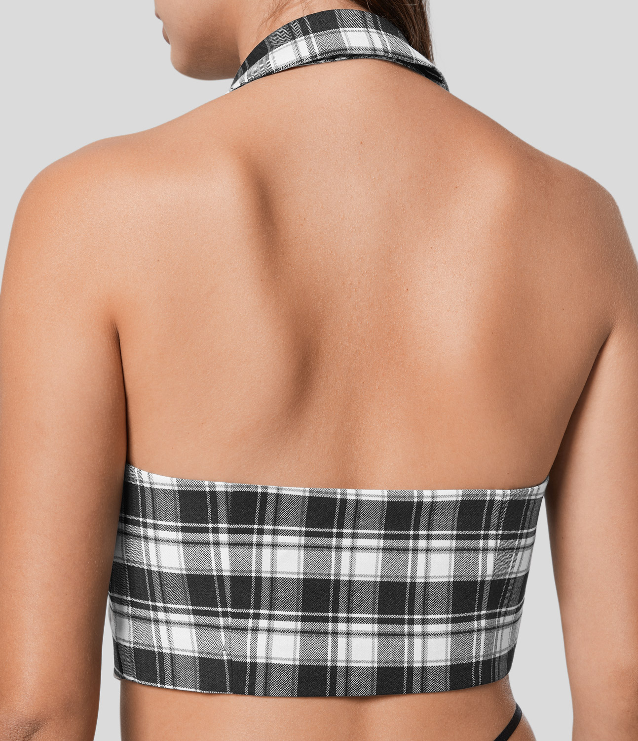 Halara Halter Neck Notched Button Backless Plaid Cropped Casual Tank Top Tank Top - Black White Square - M golf tops halter top tunic tops 