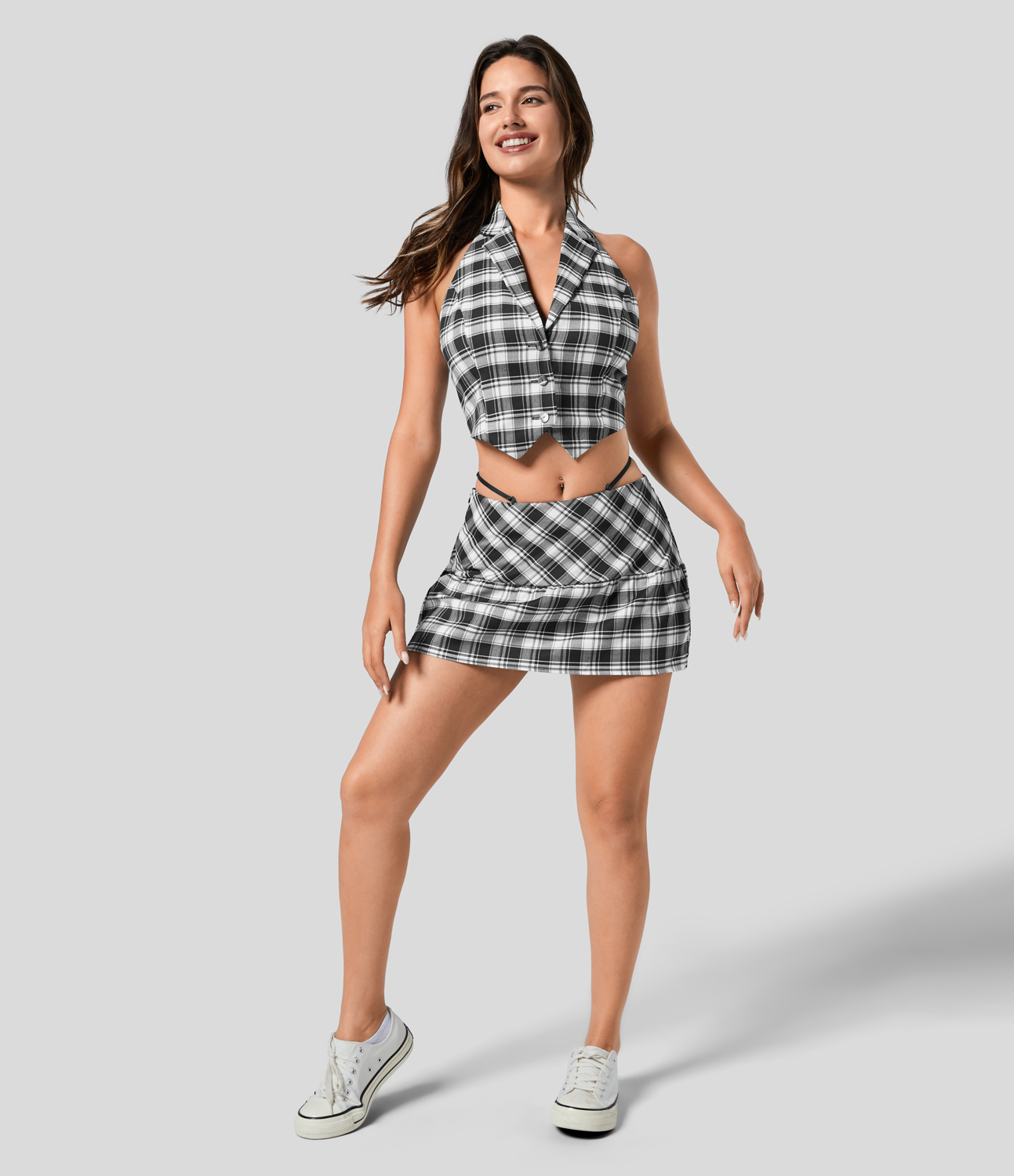 

Halara Halter Neck Notched Button Backless Plaid Cropped Casual Tank Top Tank Top - Black White Square -  golf tops halter top tunic tops