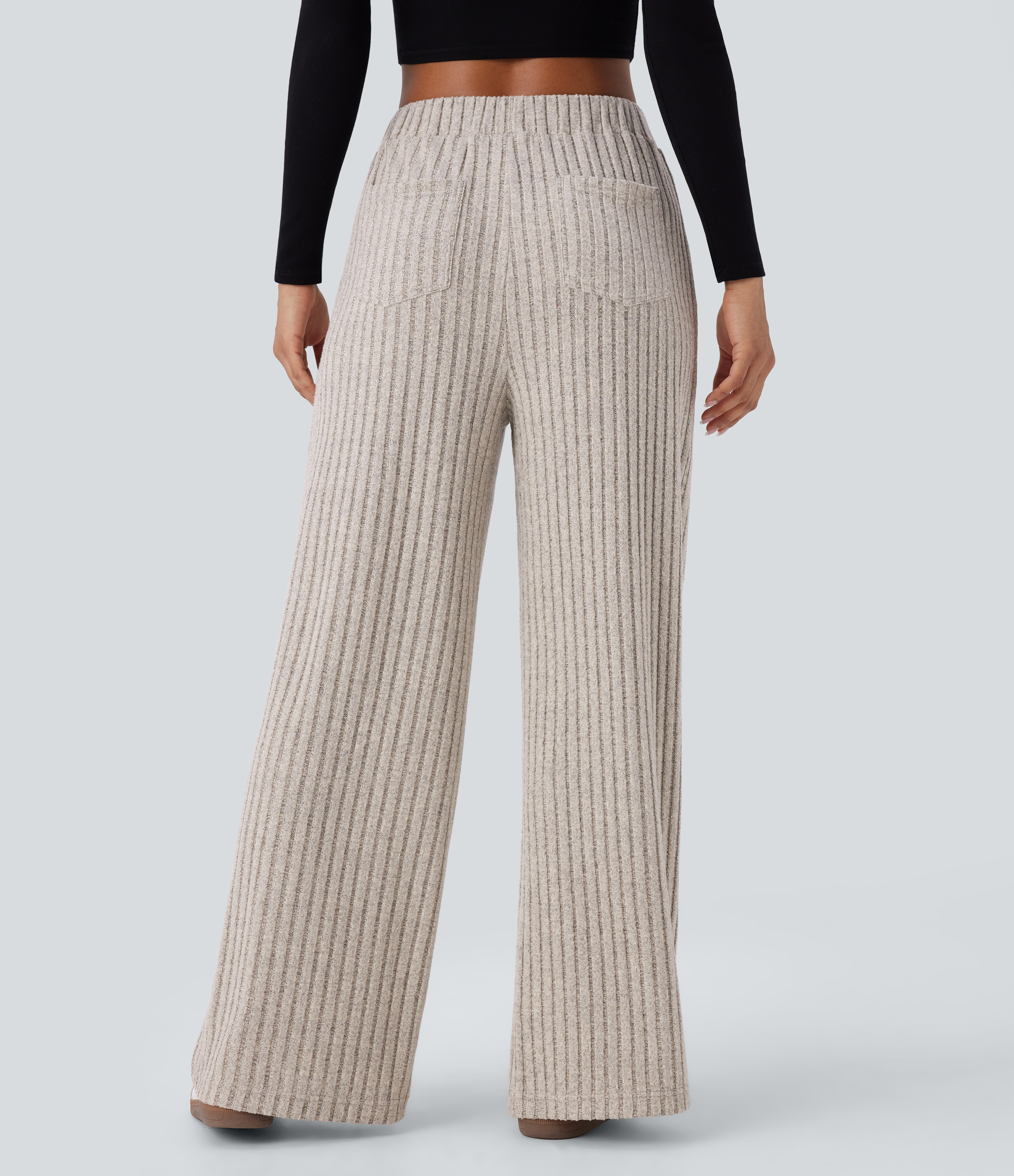 Halara Ribbed Knit High Waisted Multiple Pockets Wide Leg Casual Pants  - Warm Grey Floral Velvet - M(regular) sweatpants jogger pants 