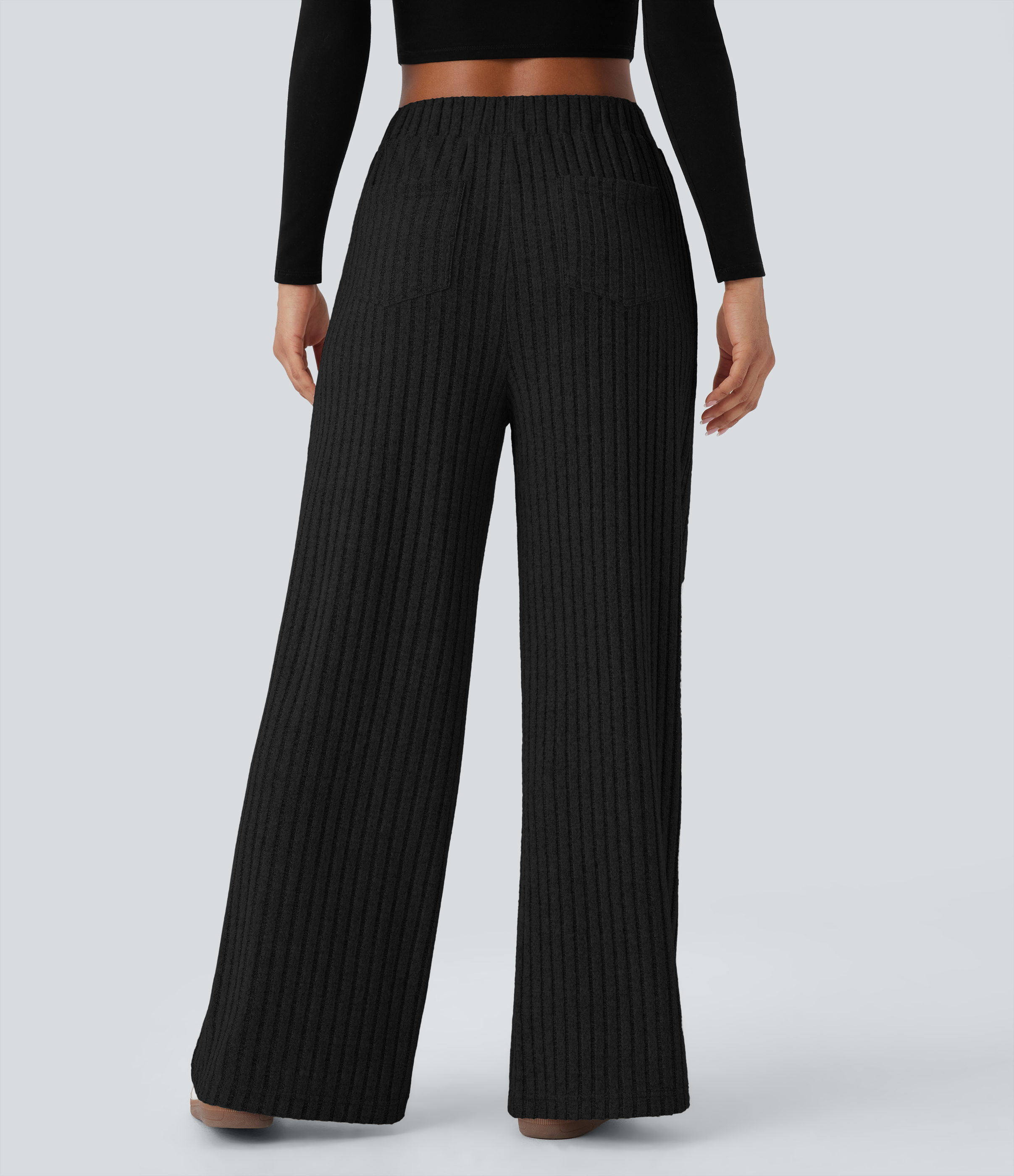 Noir Pantalon large décontracté côtelé taille haute avec poches multiples / 2