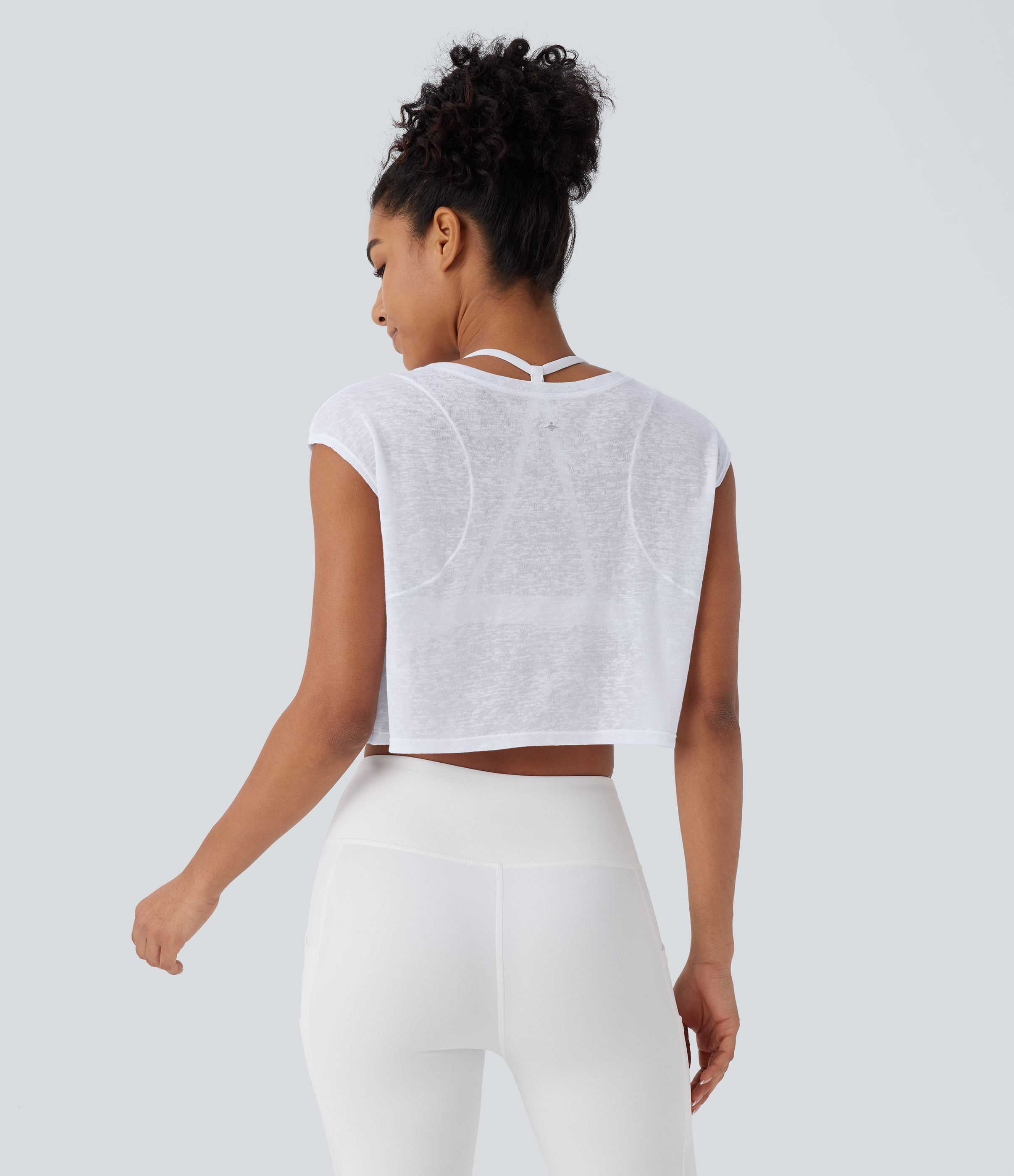 Halara Round Neck Cap Sleeve Cropped Yoga Sports Top  - White - XS 