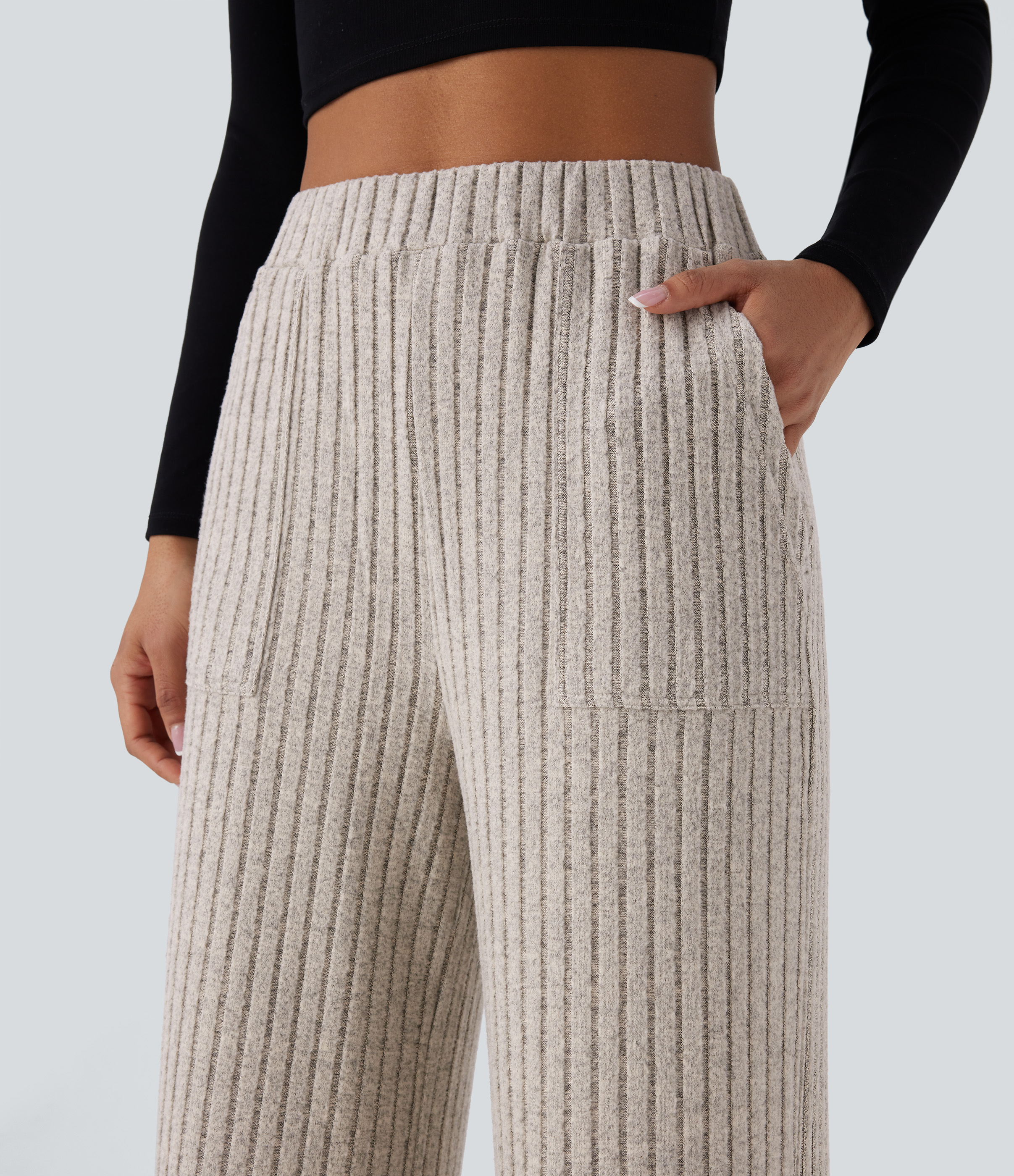 Halara Ribbed Knit High Waisted Multiple Pockets Wide Leg Casual Pants  - Warm Grey Floral Velvet - M(regular) sweatpants jogger pants 