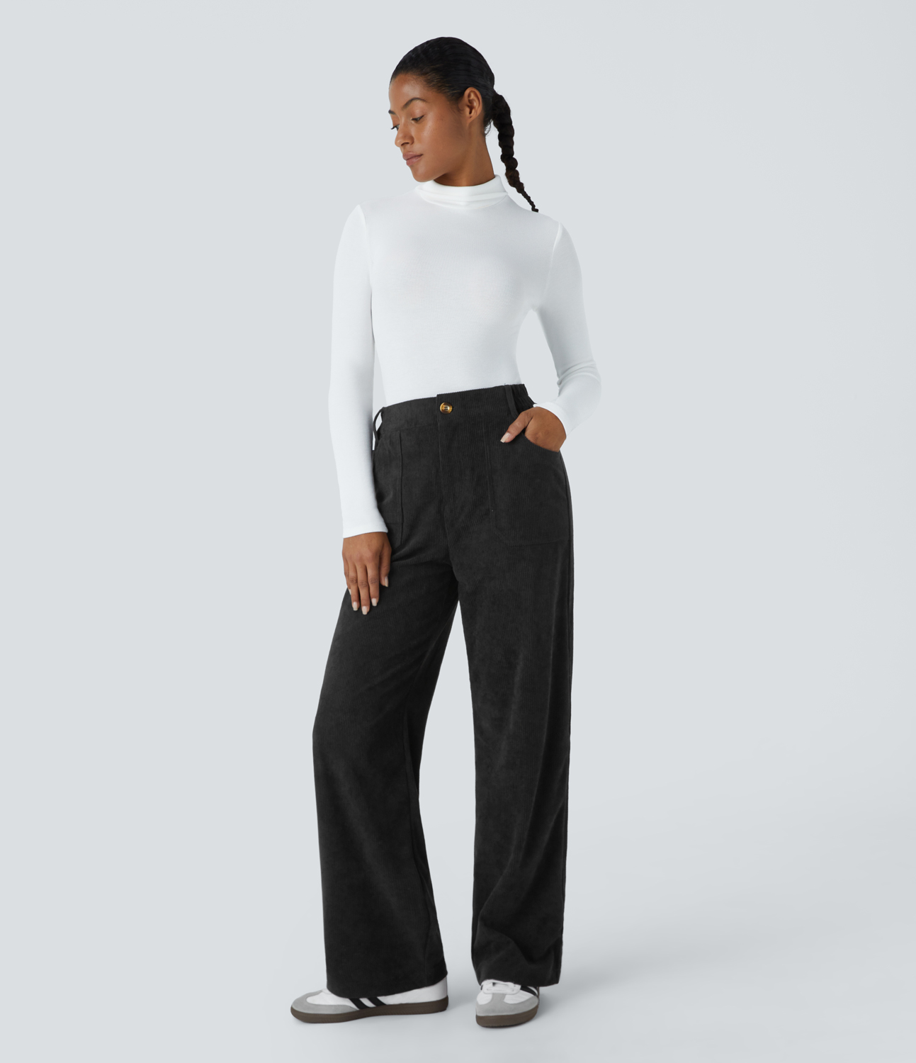 Halara Mid Rise Button Zipper Side Pocket Corduroy Straight Leg Casual Pants  - Black - XL sweatpants jogger pants stacked sweatpants 