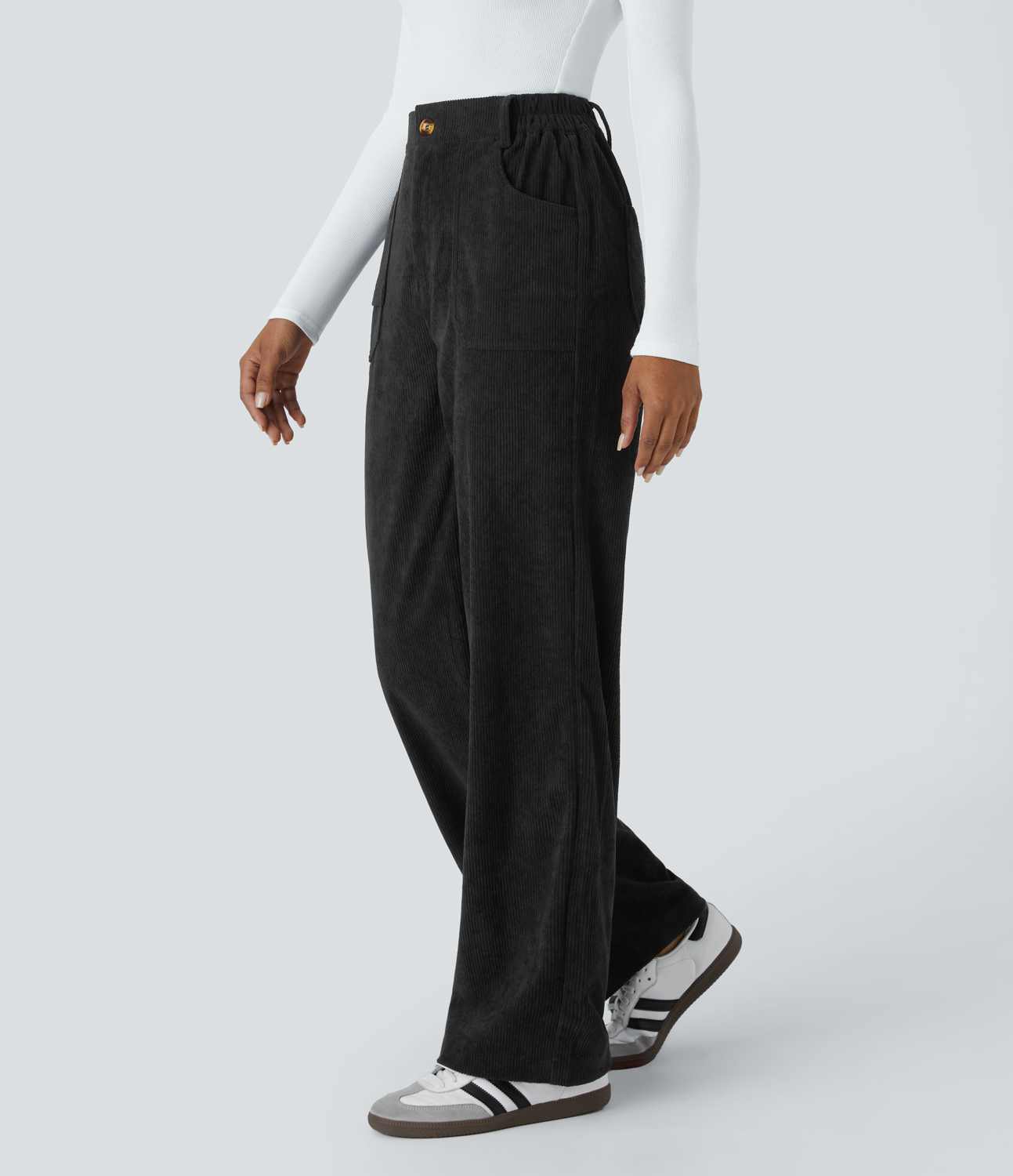 Halara Mid Rise Button Zipper Side Pocket Corduroy Straight Leg Casual Pants  - Black - XL sweatpants jogger pants stacked sweatpants 