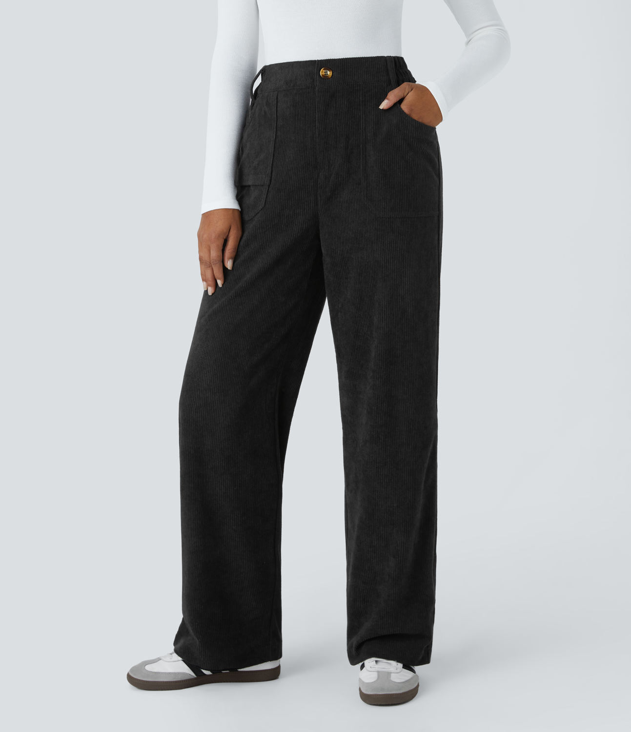 Halara Mid Rise Button Zipper Side Pocket Corduroy Straight Leg Casual Pants  - Black - XL sweatpants jogger pants stacked sweatpants 