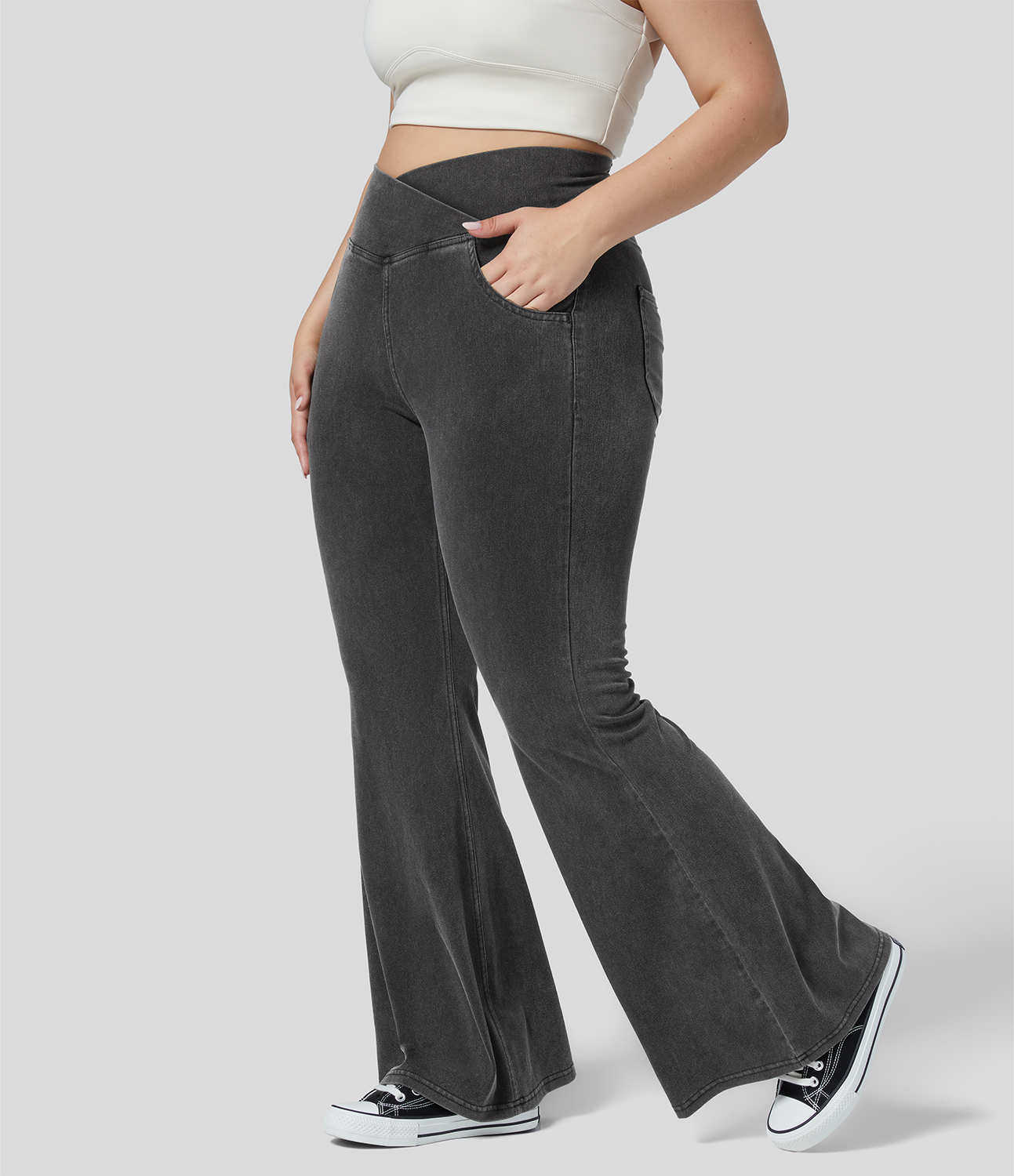 Halara HalaraMagicв„ў High Waisted Crossover Pocket Cool Touch Breathable Washed Stretchy Knit Denim Plus Size Casual Super Flare Pants  - Denim Black - 2X 