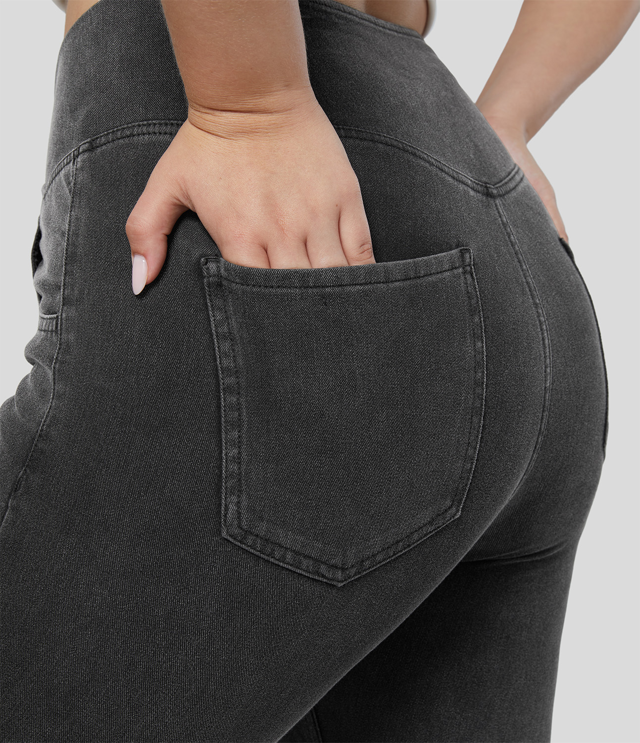 Halara HalaraMagicв„ў High Waisted Crossover Pocket Cool Touch Breathable Washed Stretchy Knit Denim Plus Size Casual Super Flare Pants  - Denim Black - 2X 