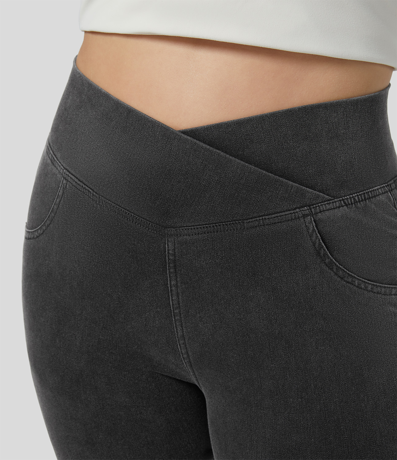 Halara HalaraMagicв„ў High Waisted Crossover Pocket Cool Touch Breathable Washed Stretchy Knit Denim Plus Size Casual Super Flare Pants  - Denim Black - 2X 