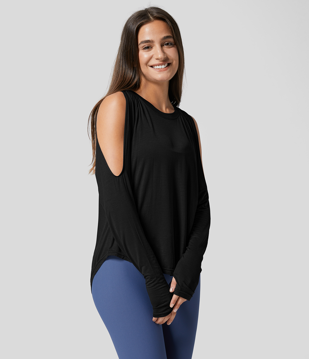 Halara Round Neck Cold Shoulder Long Sleeve Thumb Hole Curved Hem Yoga Sports Top  - Black - L 