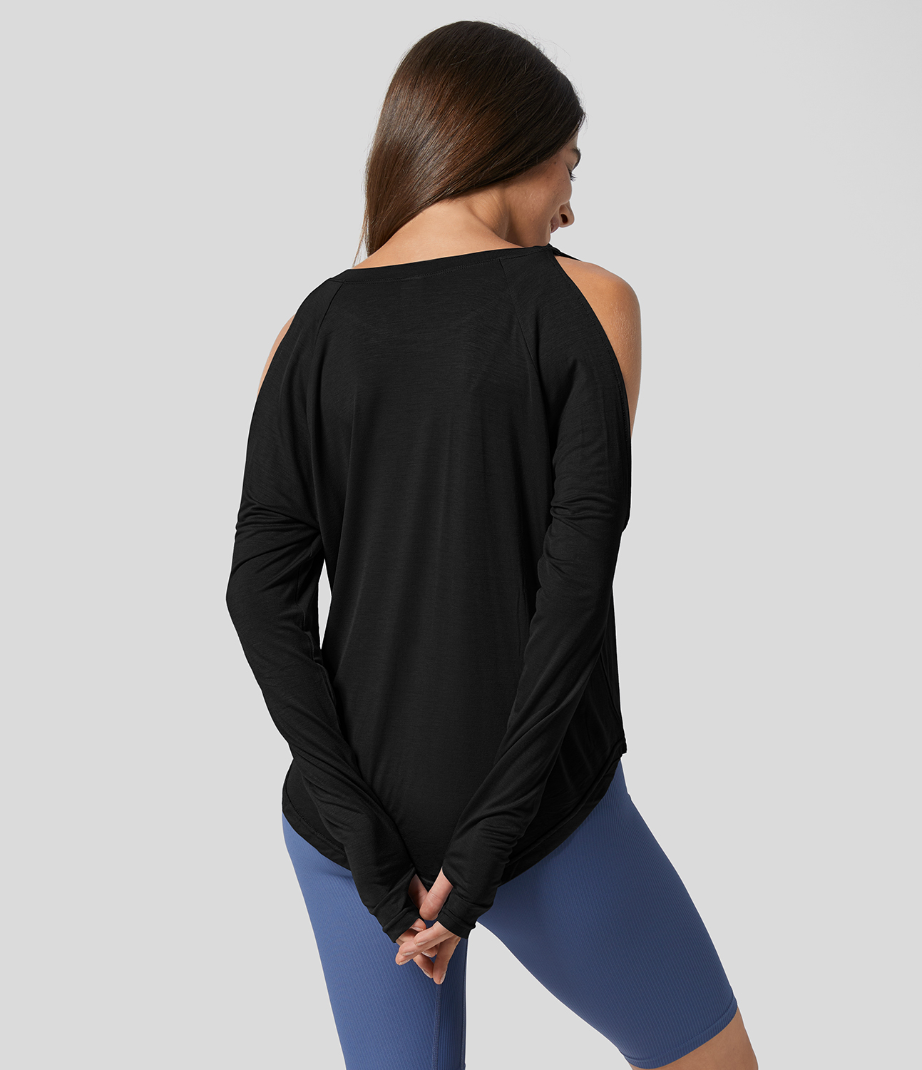 Halara Round Neck Cold Shoulder Long Sleeve Thumb Hole Curved Hem Yoga Sports Top  - Black - L 