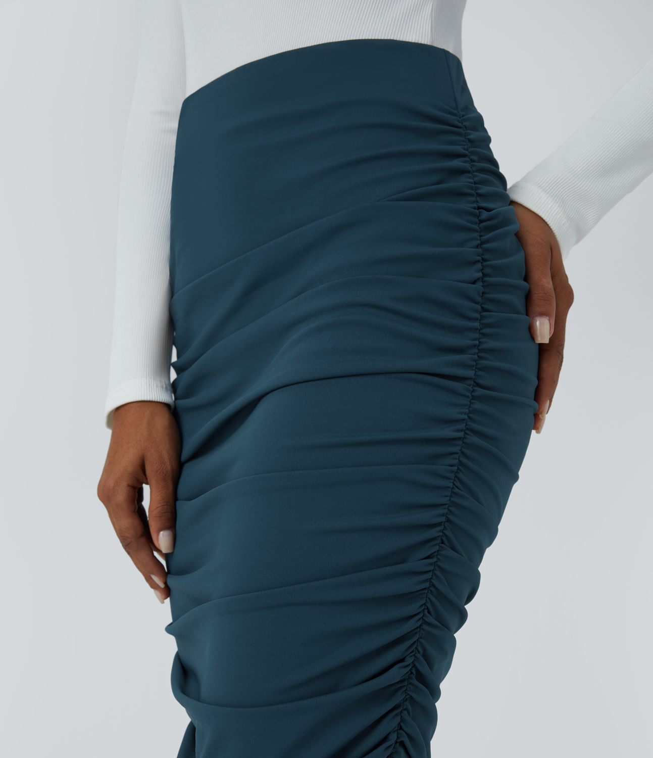 Halara High Waisted Ruched Midi Bodycon Casual Skirt  - Majolica Blue - M(regular) 