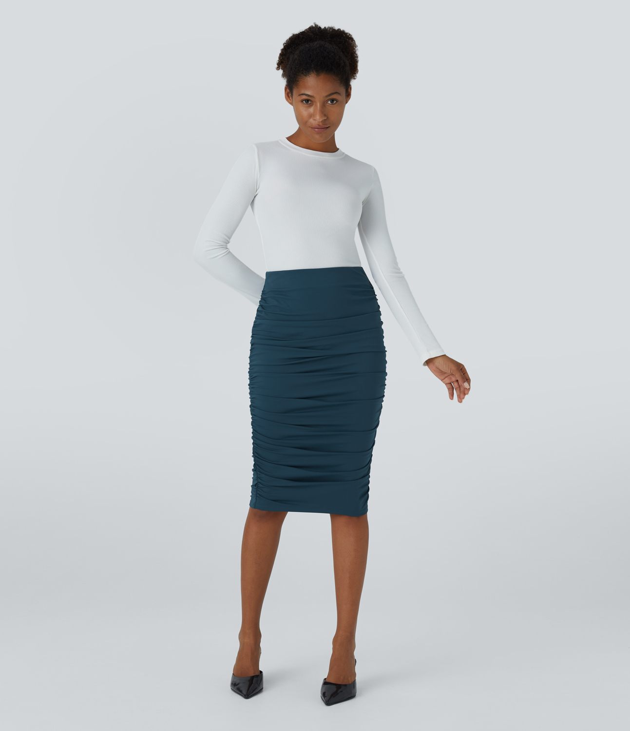Halara High Waisted Ruched Midi Bodycon Casual Skirt  - Majolica Blue - M(regular) 