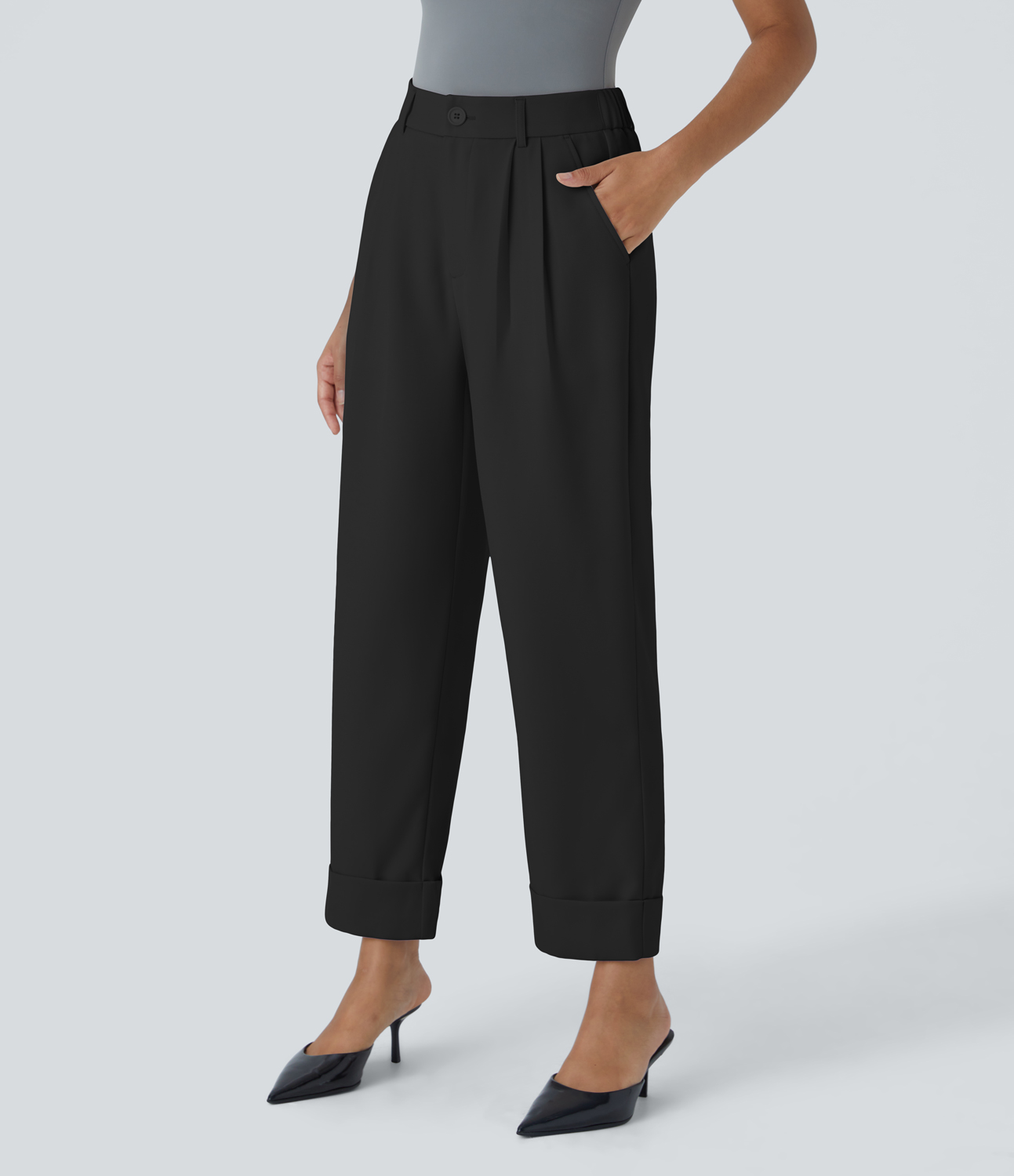Halara High Waisted Button Zipper Plicated Side Pocket Work Pants  - Black - L(regular) sweatpants jogger pants stacked sweatpants 