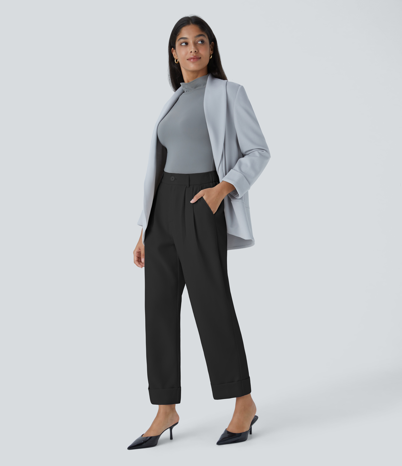 Halara High Waisted Button Zipper Plicated Side Pocket Work Pants  - Black - L(regular) sweatpants jogger pants stacked sweatpants 