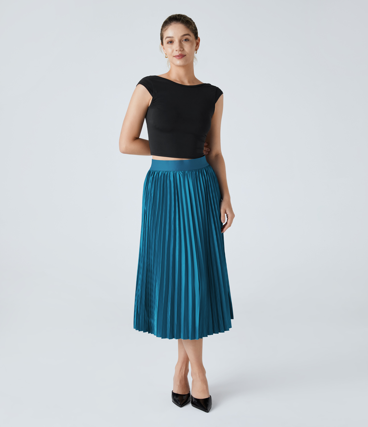 

Halara High Waisted Pleated Midi Satin-Like Casual Skirt - Wave Ride