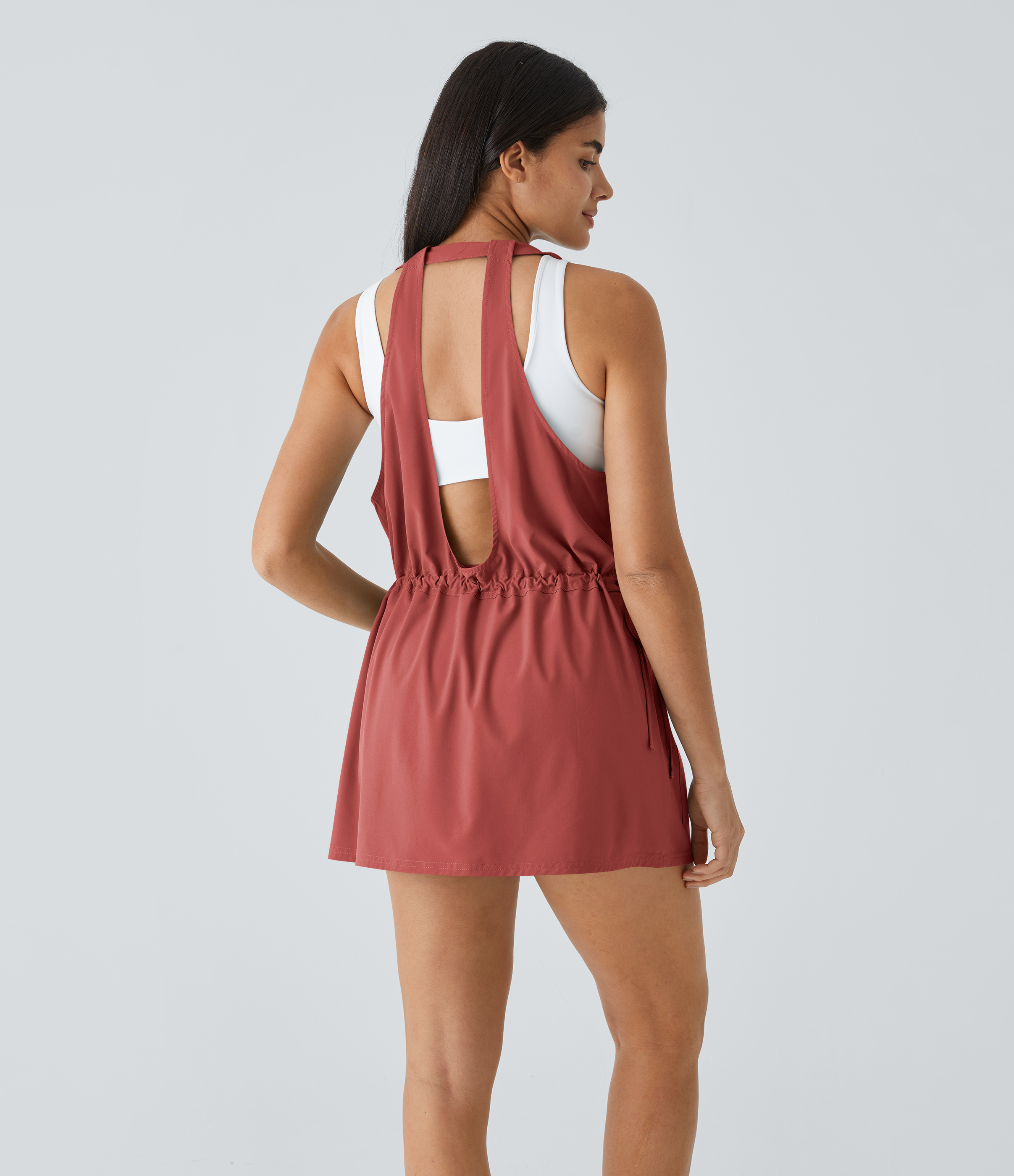 Halara Breezefulв„ў Backless Multiple Pockets Drawstring 2-Piece Quick Dry Mini Hiking Active Dress Workout Dress - Kapok Red - M 