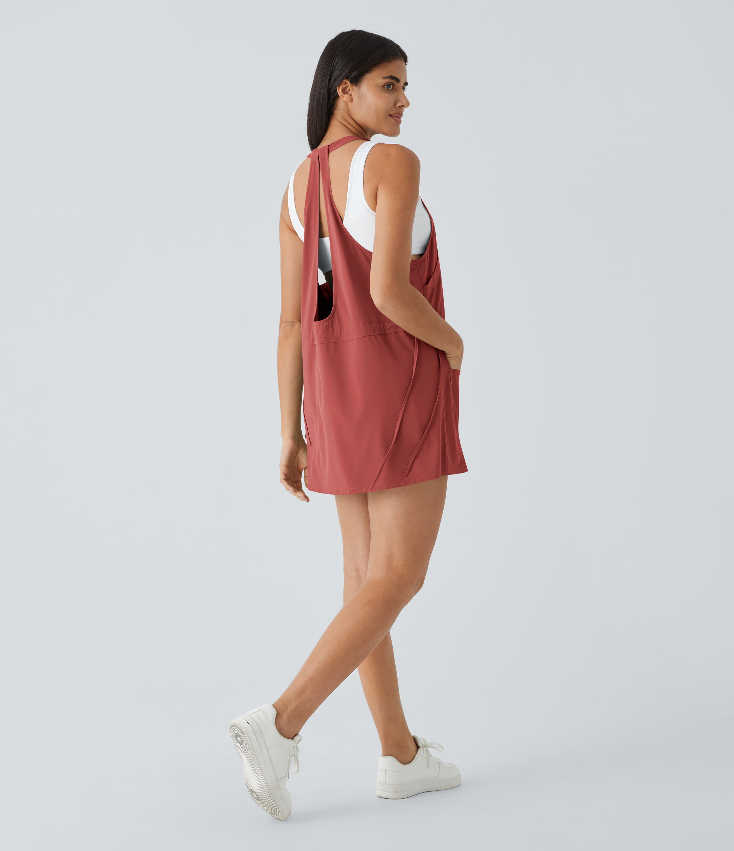 Halara Breezefulв„ў Backless Multiple Pockets Drawstring 2-Piece Quick Dry Mini Hiking Active Dress Workout Dress - Kapok Red - M 
