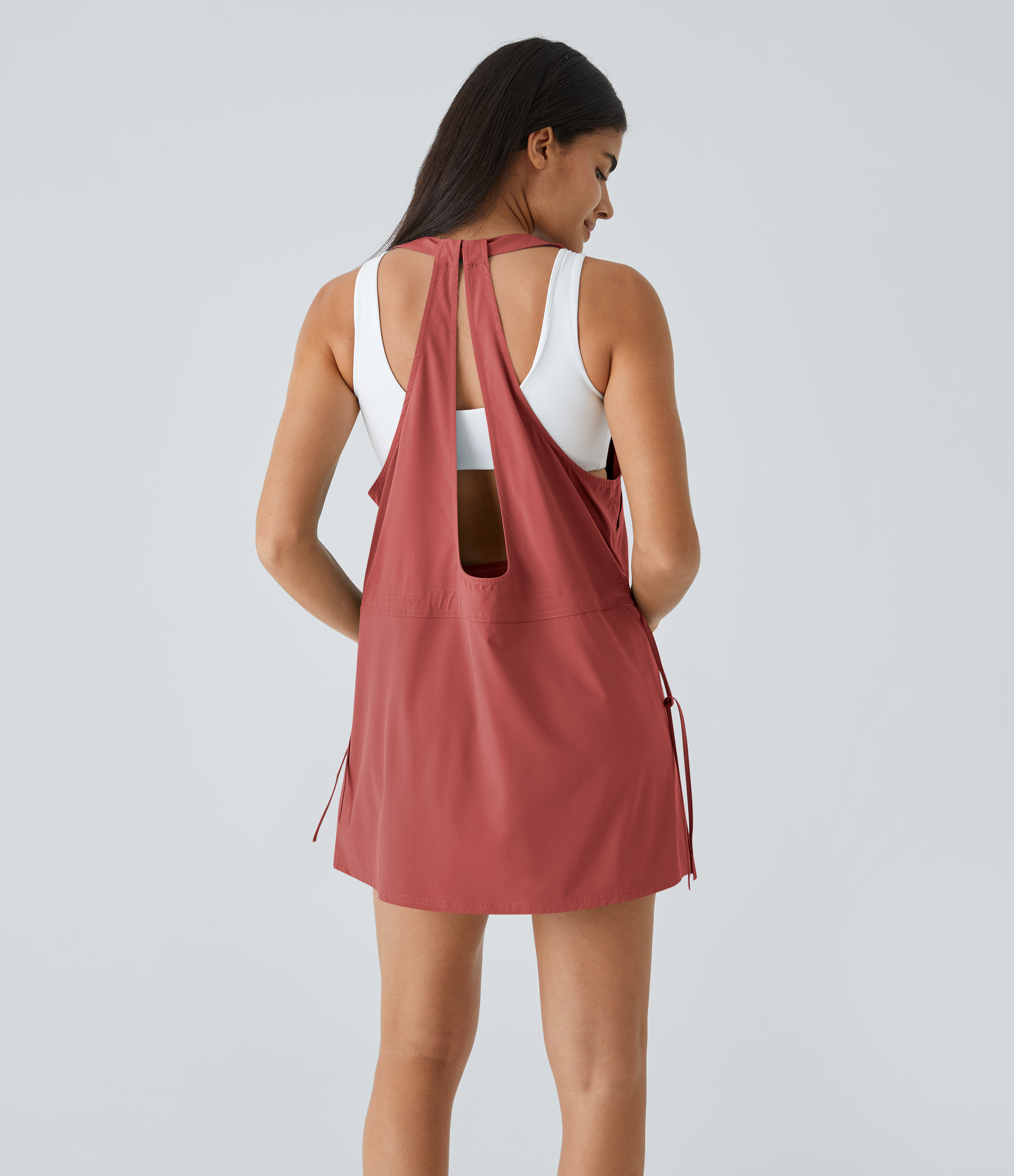 Halara Breezefulв„ў Backless Multiple Pockets Drawstring 2-Piece Quick Dry Mini Hiking Active Dress Workout Dress - Kapok Red - M 