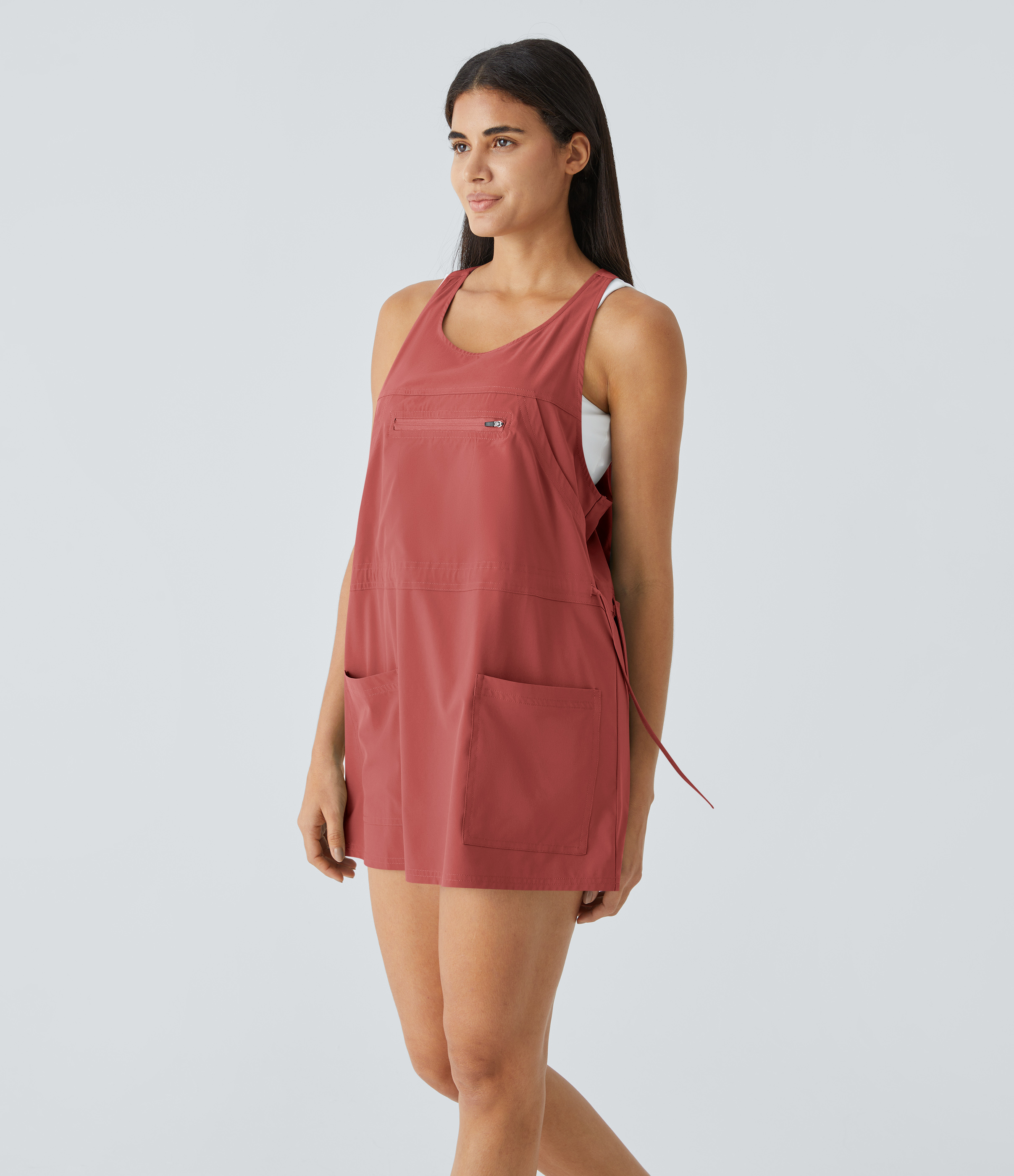 Halara Breezefulв„ў Backless Multiple Pockets Drawstring 2-Piece Quick Dry Mini Hiking Active Dress Workout Dress - Kapok Red - M 