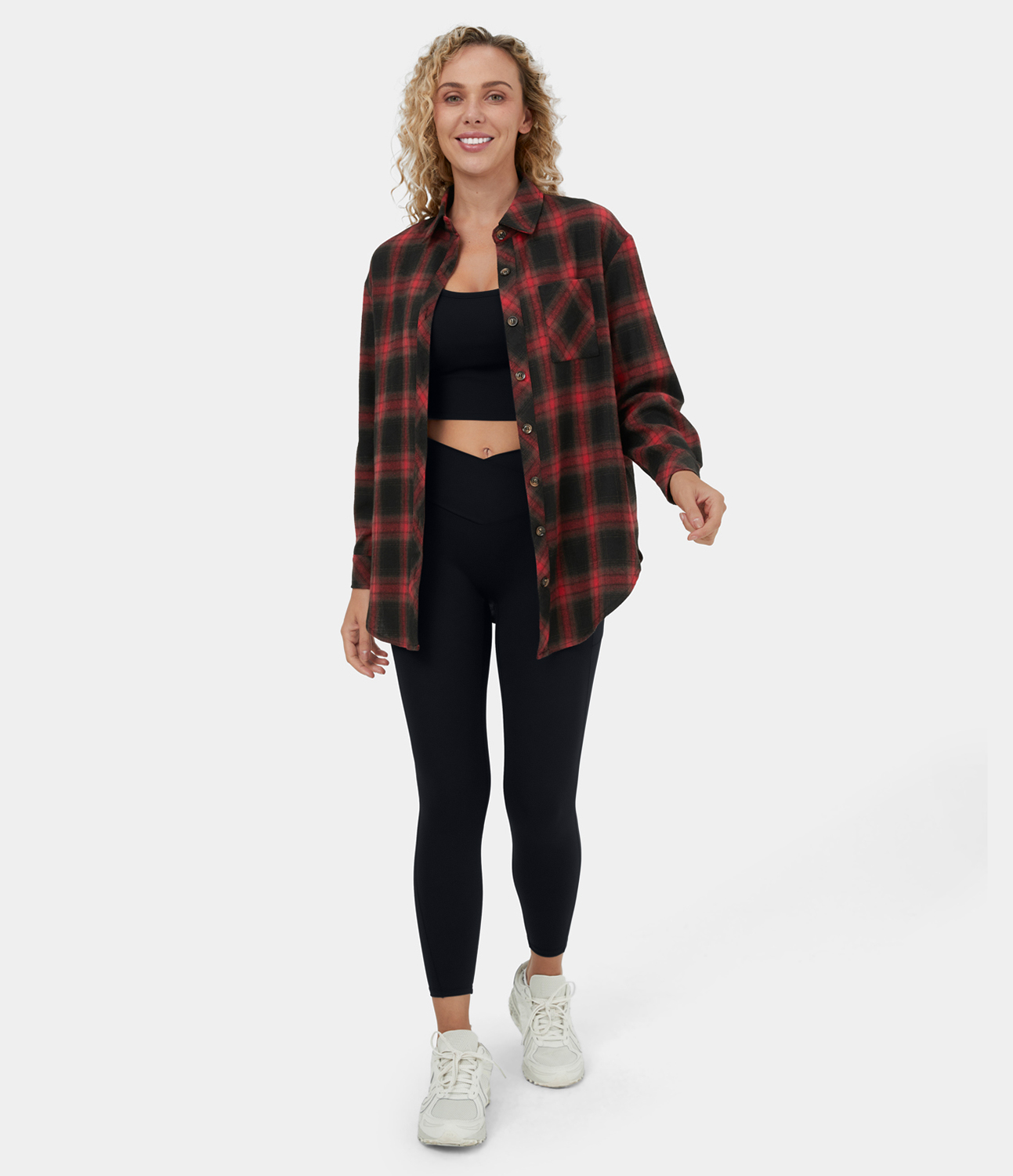 

Halara Collared Button Pocket Curved Hem Plaid Casual Cotton Jacket - Red Black Gradient Plaid