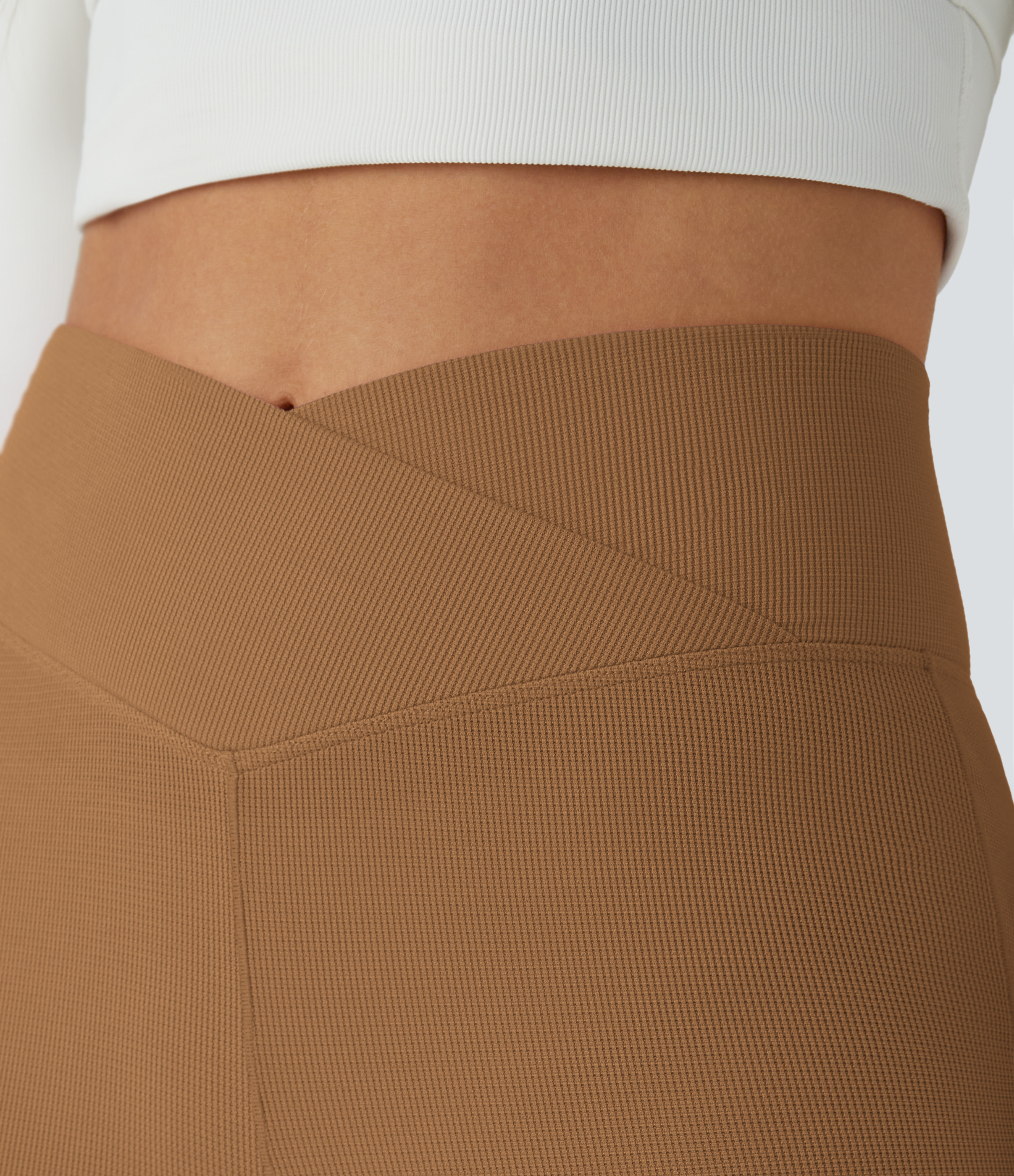 Halara Crossover High Waisted Back Pocket Waffle Casual Flare Pants  - Almond Brown - M(regular) sweatpants jogger pants stacked sweatpants 