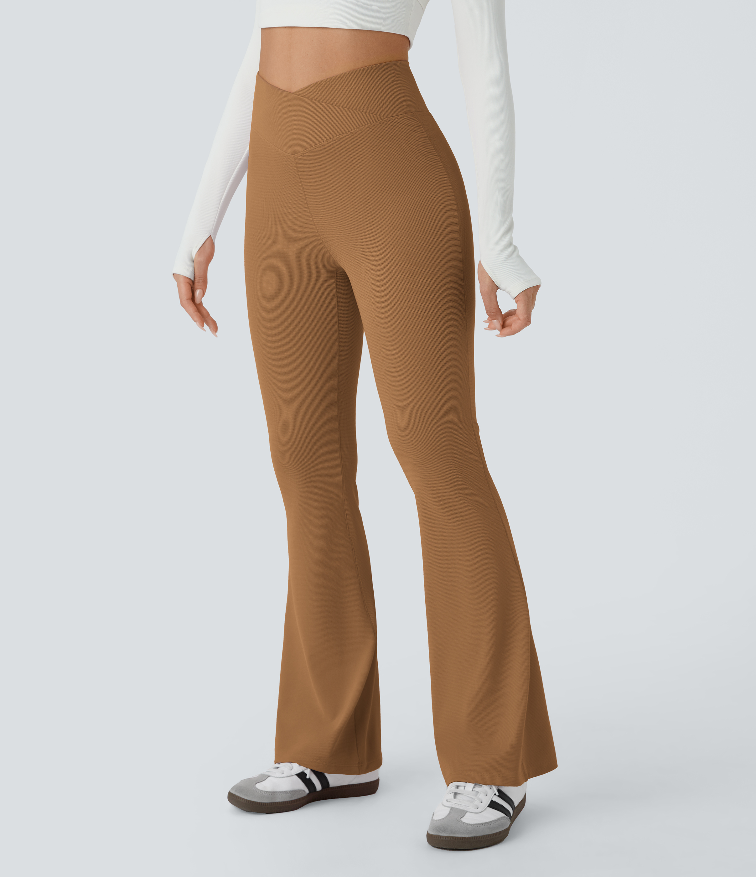 Halara Crossover High Waisted Back Pocket Waffle Casual Flare Pants  - Almond Brown - M(regular) sweatpants jogger pants stacked sweatpants 