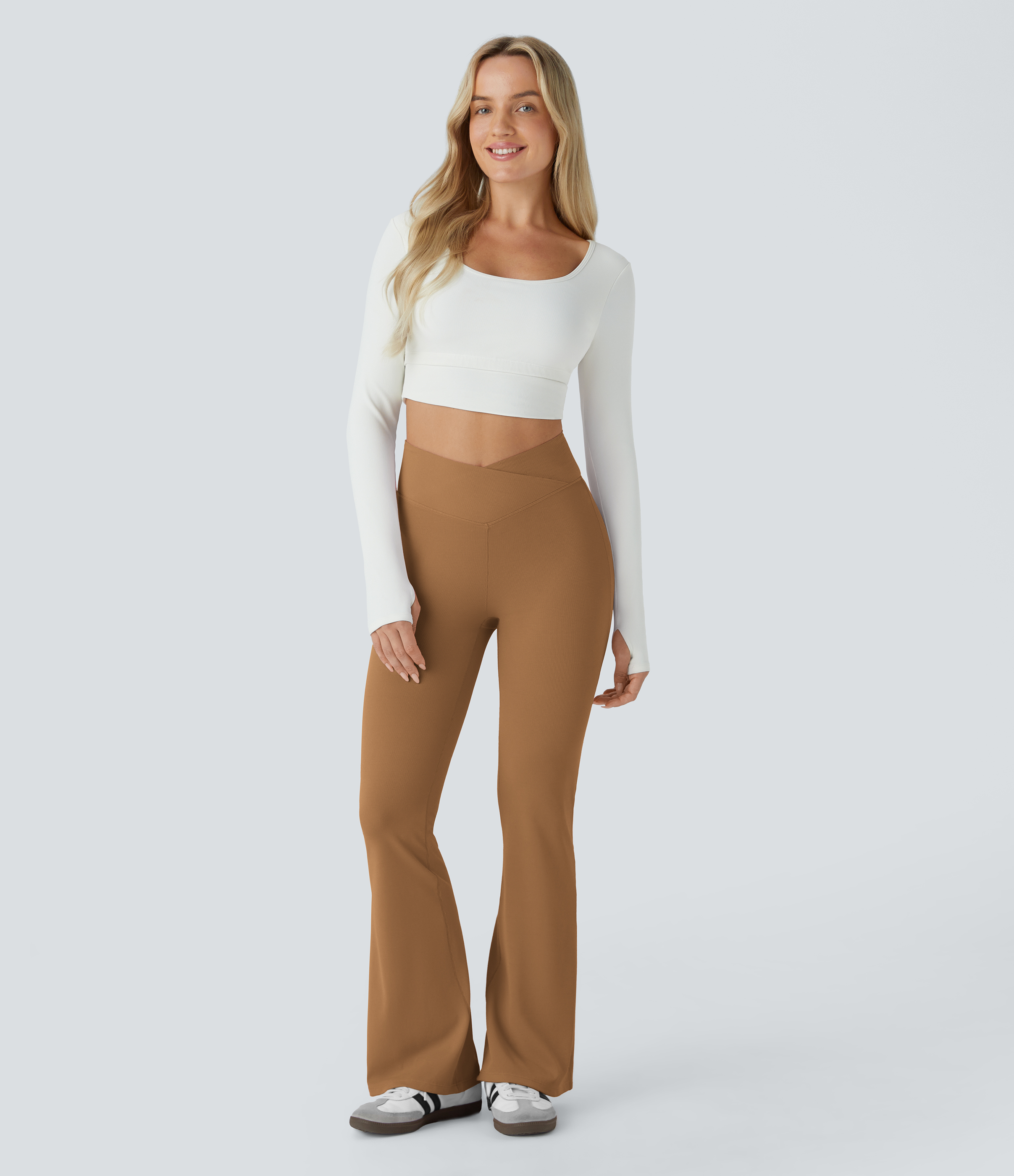 Halara Crossover High Waisted Back Pocket Waffle Casual Flare Pants  - Almond Brown - M(regular) sweatpants jogger pants stacked sweatpants 