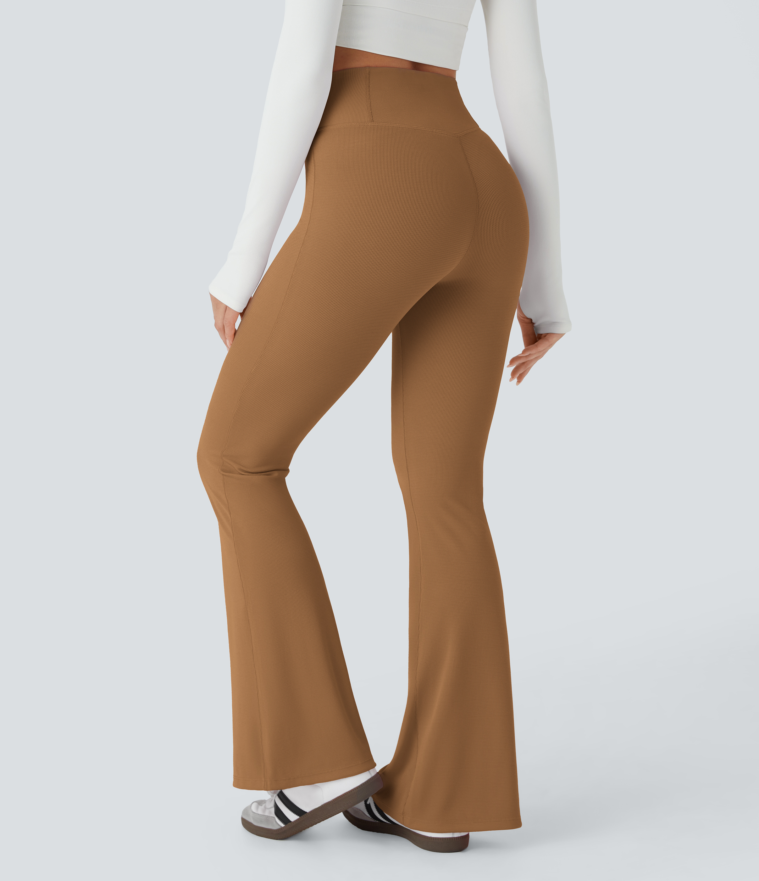 Halara Crossover High Waisted Back Pocket Waffle Casual Flare Pants  - Almond Brown - M(regular) sweatpants jogger pants stacked sweatpants 