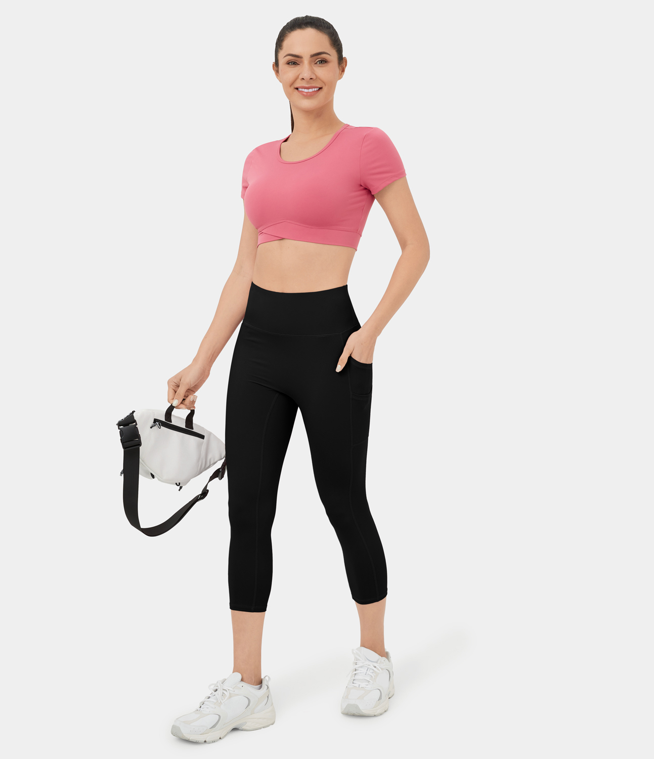 Halara Softlyzeroв„ў High Waisted Double Pockets Plain Capri Leggings  - Black - XS gym leggings leggings with pockets leggings with butt lift 