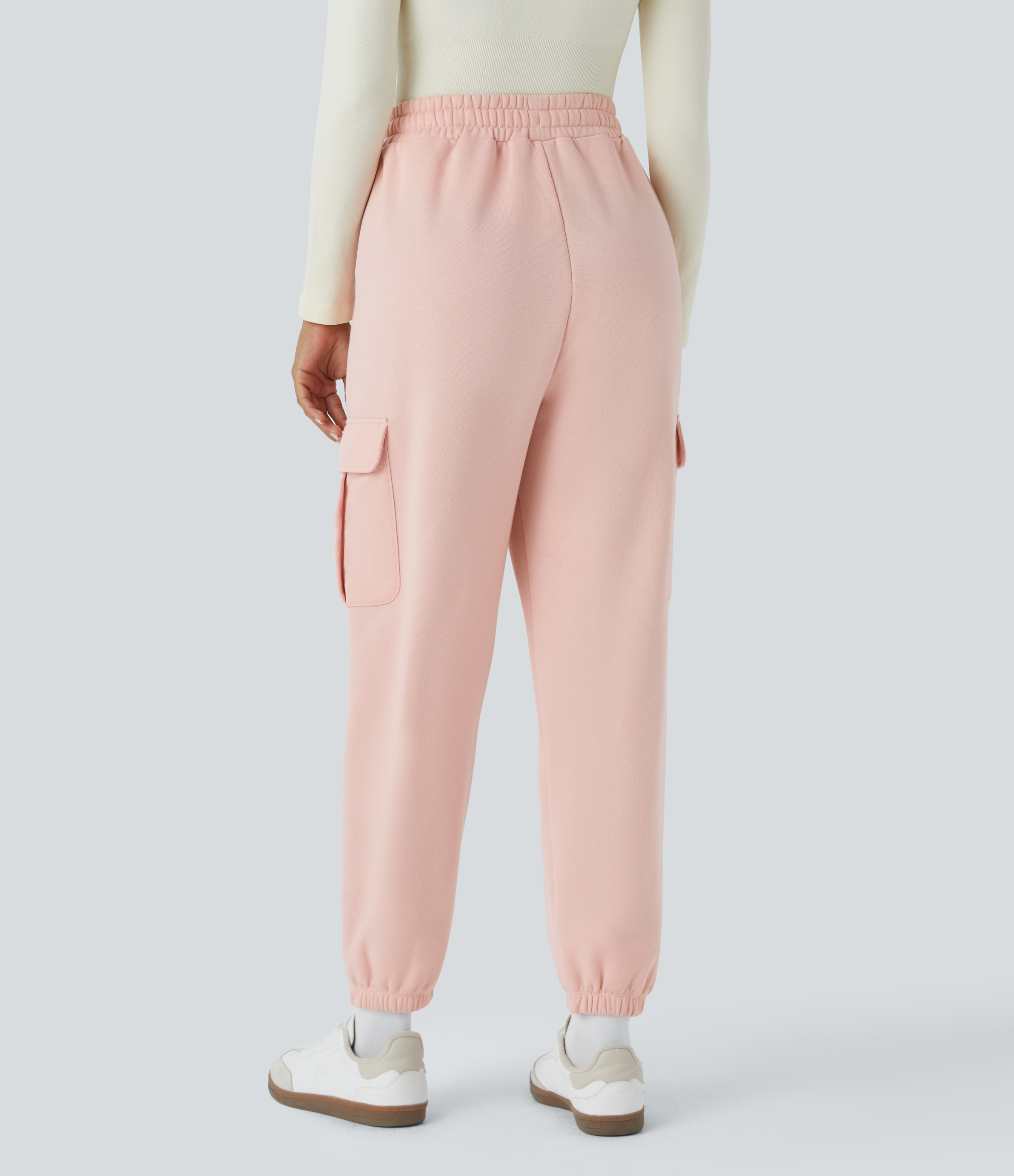 Halara High Waisted Drawstring Multiple Pockets Fleece Casual Pants  - Peachy Keen - L(regular) 
